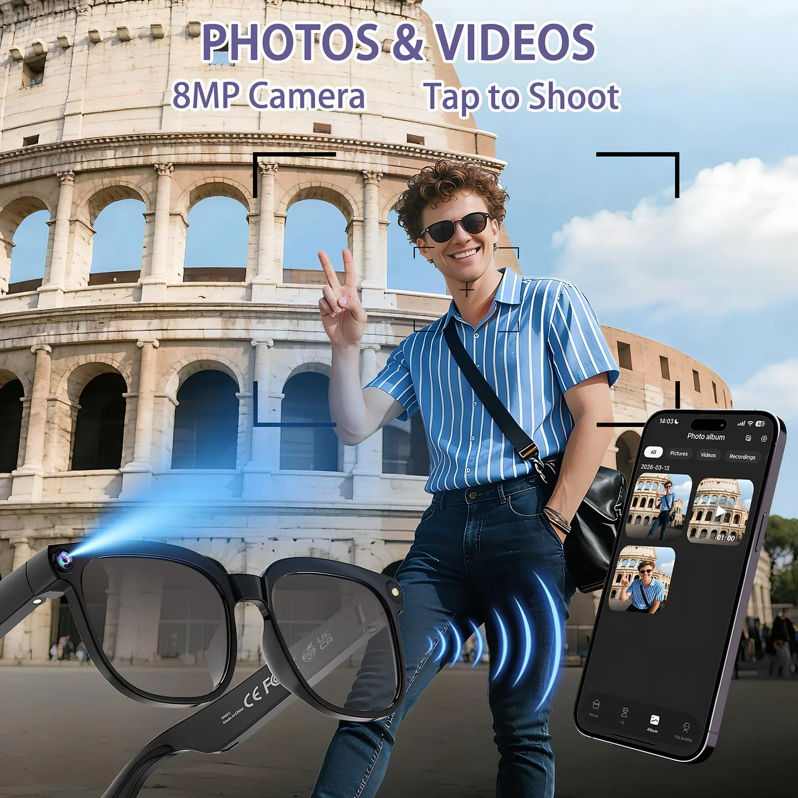 Lunettes Connectées avec 8MP Lunette Camera, 1080p Lunette Traductrice Lunettes IA Lunette Intelligente avec Verres Photochromiques, Musique Bluetooth, Stant Vocal et Vidéo