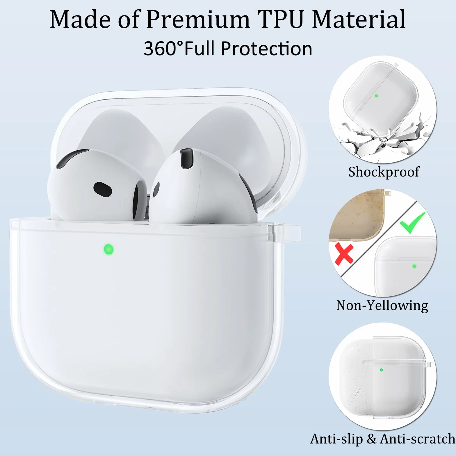 Coque Silicone AirPods 4 2024 Anti-Choc Transparent avec LED Visible, Kit Nettoyage, Porte-clés et Cordon