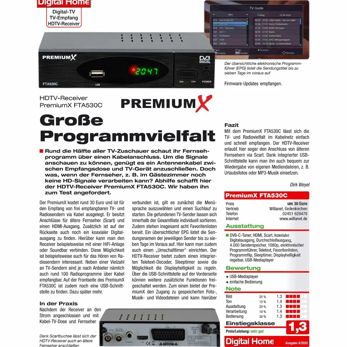 PremiumX Récepteur de câble DVB-C FTA 530C TV numérique HD | Installation de Voiture Lecteur multimédia USB SCART HDMI WiFi en Option | Télévision par câble Convient à Tous Les fournisseurs de câbles