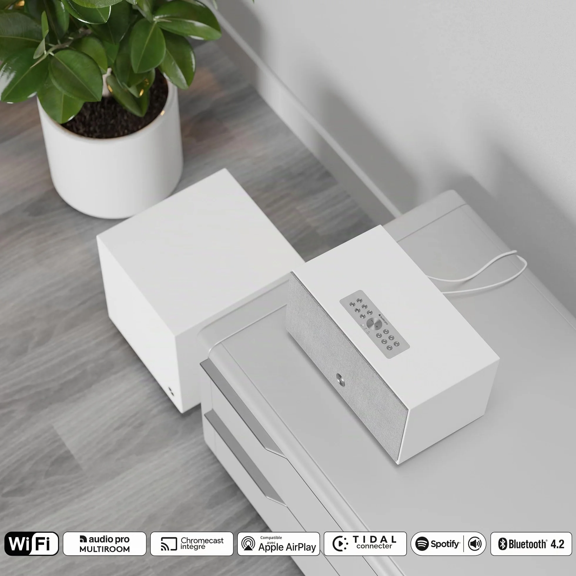 Audio Pro C10 MkII - Enceinte Portable Multiroom avec Bluetooth - Smart Speaker sans Fil avec Contrôle par Application & Spotify, AirPlay & Chromecast - Blanc