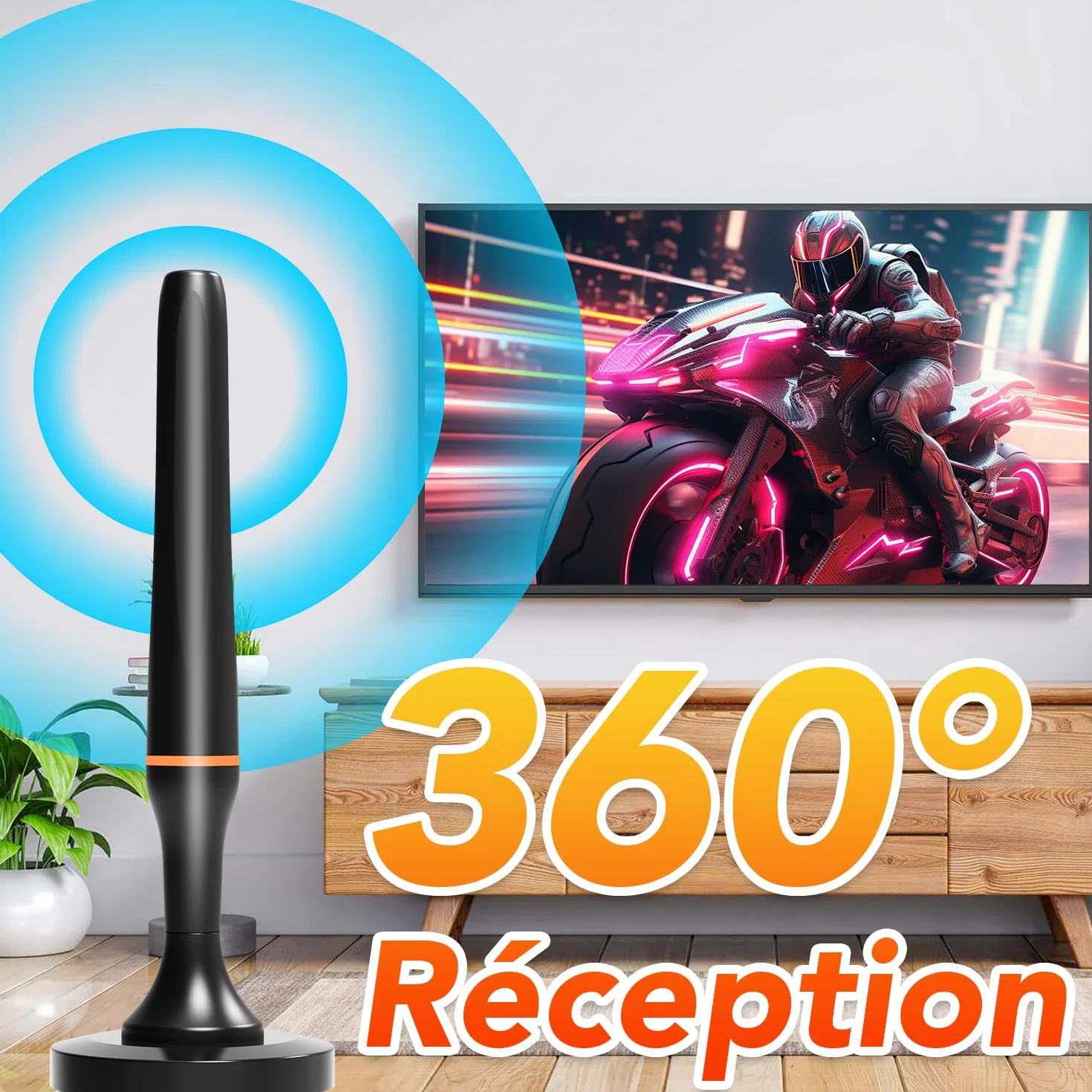Antenne TV Intérieur Puissante, TNT Signal à Gain Élevé, Réception 360° Longue Portée 500km, Support 4K HD/1080P Chaînes Gratuites