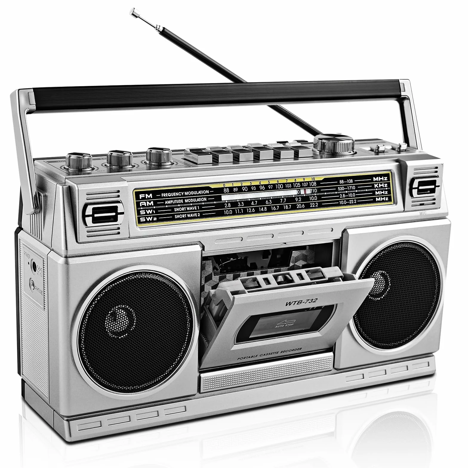 Boombox Rétro Années 80 Bluetooth Lecteur Cassette Radio AM/FM/OC 24W Portable USB Micro SD