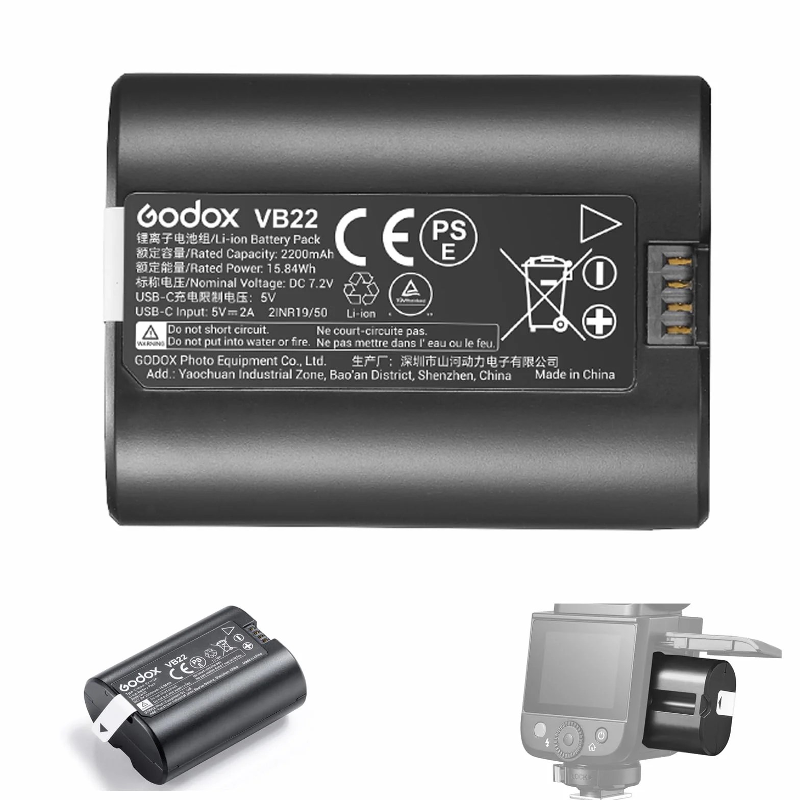 GODOX VB22 Batterie au Lithium pour Godox V480 V1MID V350 Flash, par Exemple V480S V480C V480N V480F V1Mid-N V1Mid-S V1Mid-C V1Mid-F V1Mid-O, 7,2V 2200mAh Batterie Rechargeable, Recharge Via USB-C