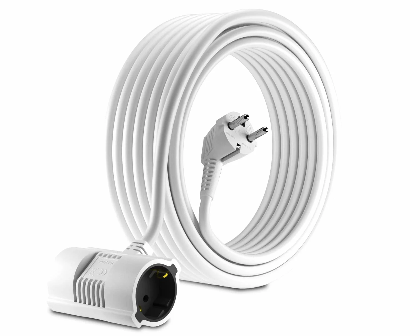 Rallonge câble MutecPower - Prise Schuko avec connecteur à 2 Voies coudée à 90 °- Prise UE - CEE 7/7 à 2 Prises CEE 7 - jusqu'à 250V- 50Hz - 16A – Longueur 15m