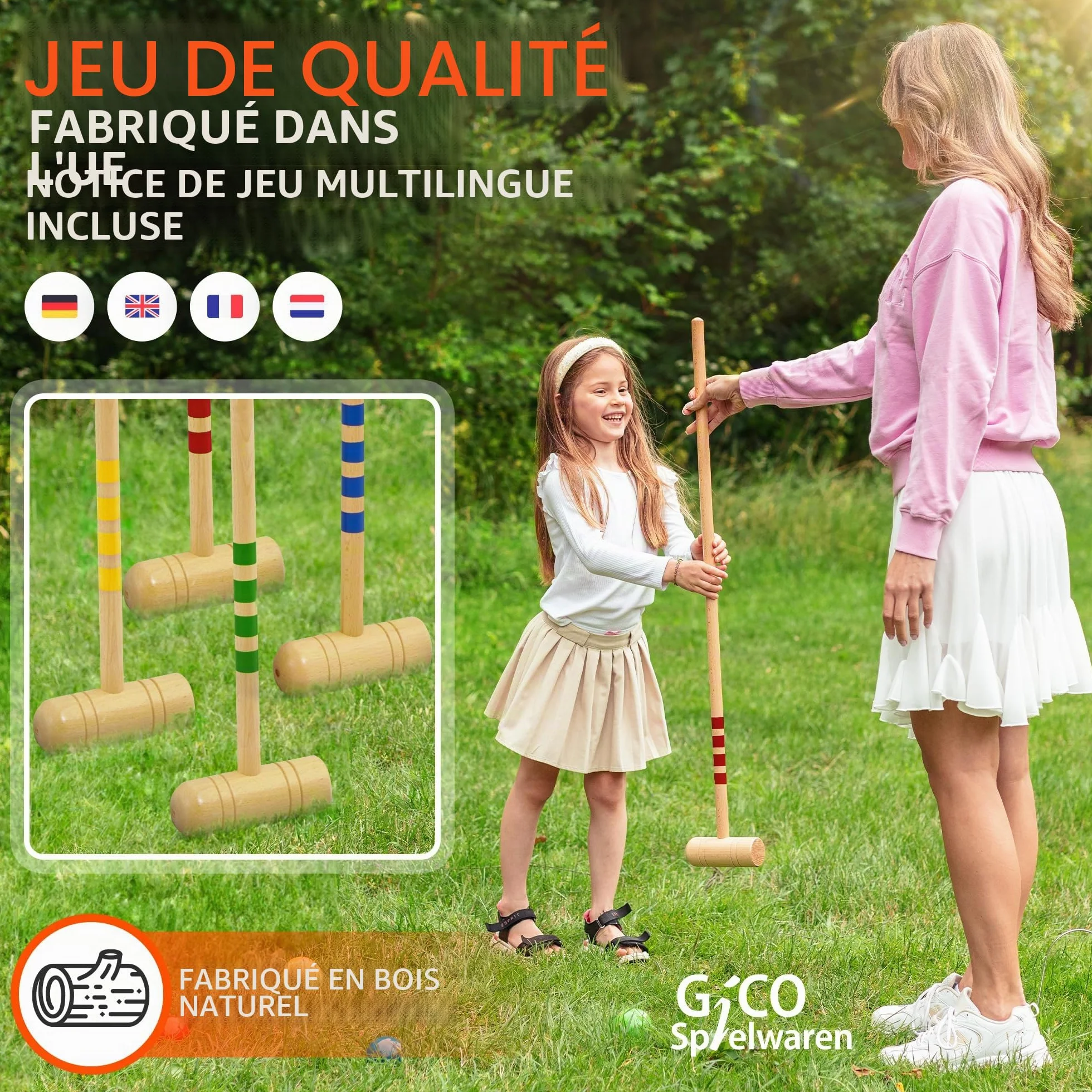 GICO Jeu de Croquet 6 Joueurs Maillets Taille Adulte 100 cm Sac de Transport