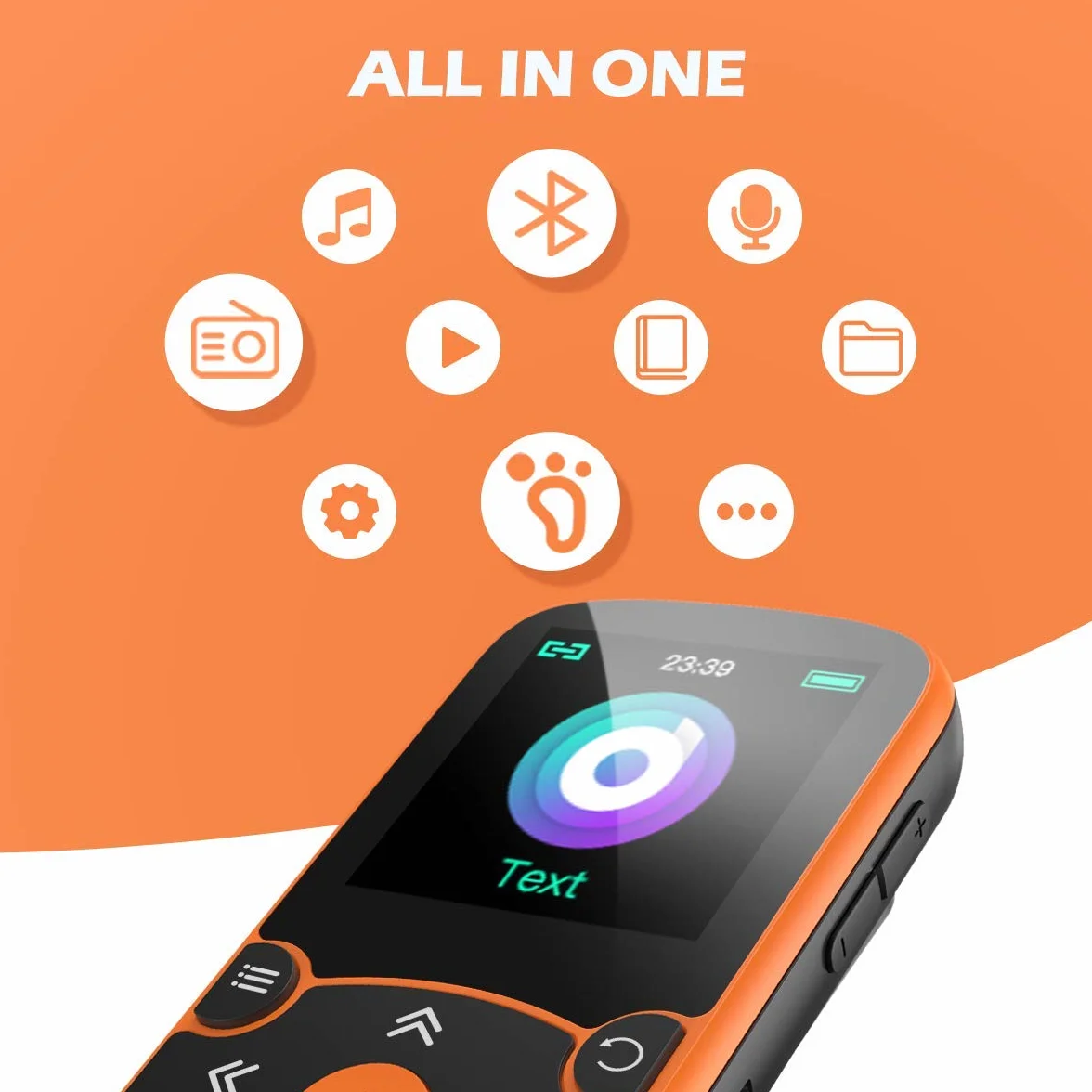 AGPTEK MP3 Bluetooth 5.3 64Go Lecteur Baladeur Sport Portable HiFi avec Clip Radio FM Orange