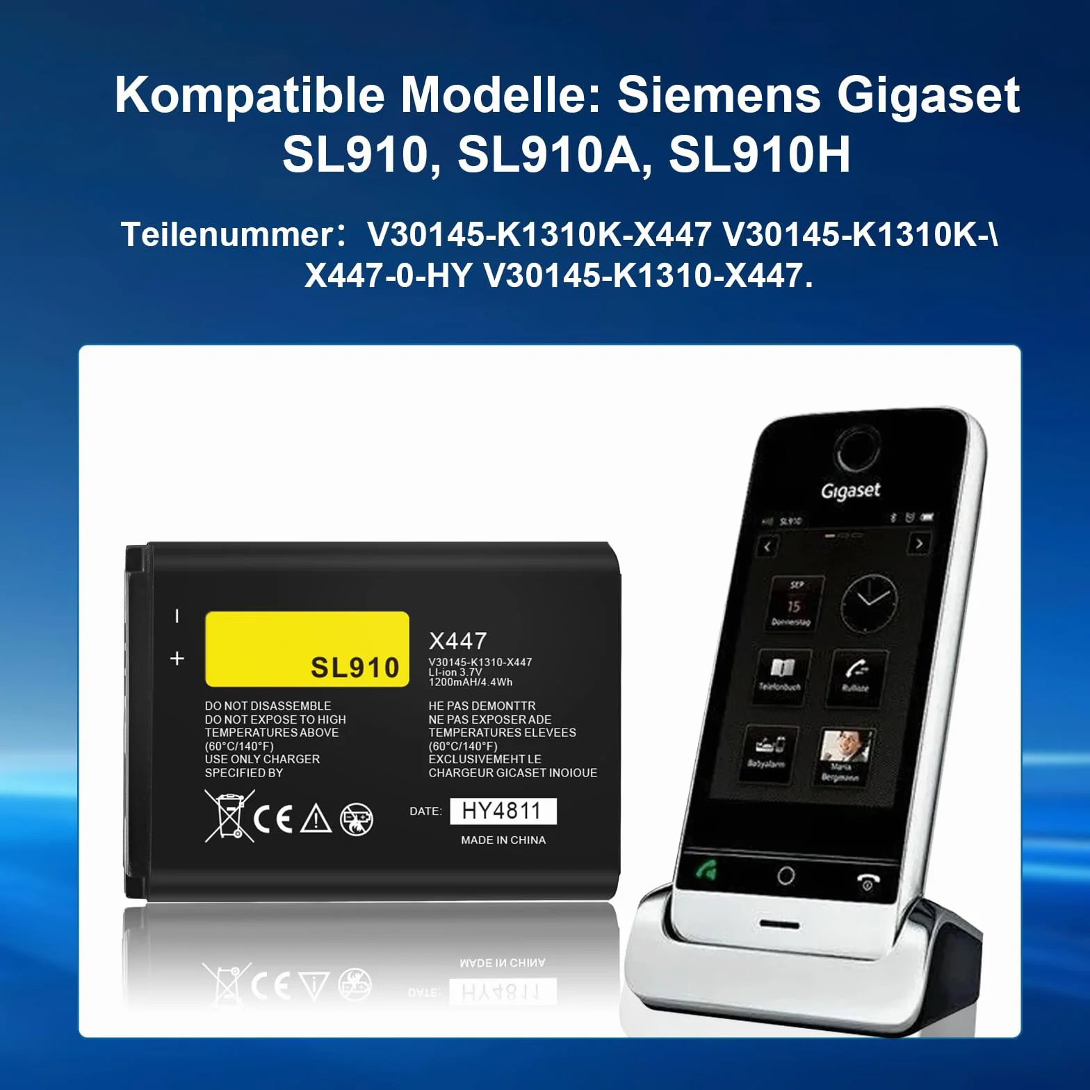 Lot de 2 batteries de rechange Li-ion 3,7 V 1200 mAh pour Siemens Gigaset SL910 SL910A SL910H compatible avec V30145-K1310K-X447 V30145-K1310-X447 V30145-K1310K-X447-00 - HY