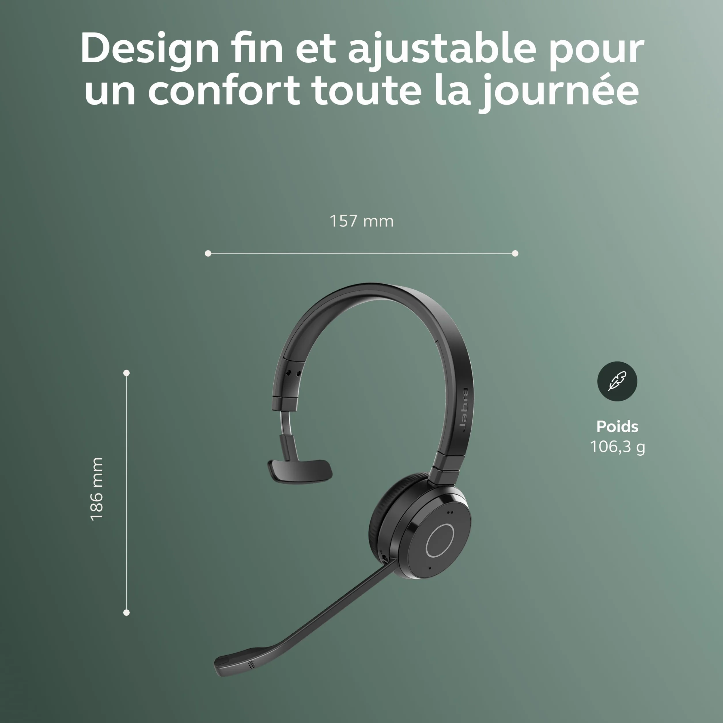 Jabra Evolve 65 Te (3e édition 2025) Micro-Casque Mono Bluetooth sans Fil, se connecte à 2 appareils, 16 h d’autonomie, Micro antibruit, Adaptateur USB-A, Fonctionne avec Les applis de réunion, Noir
