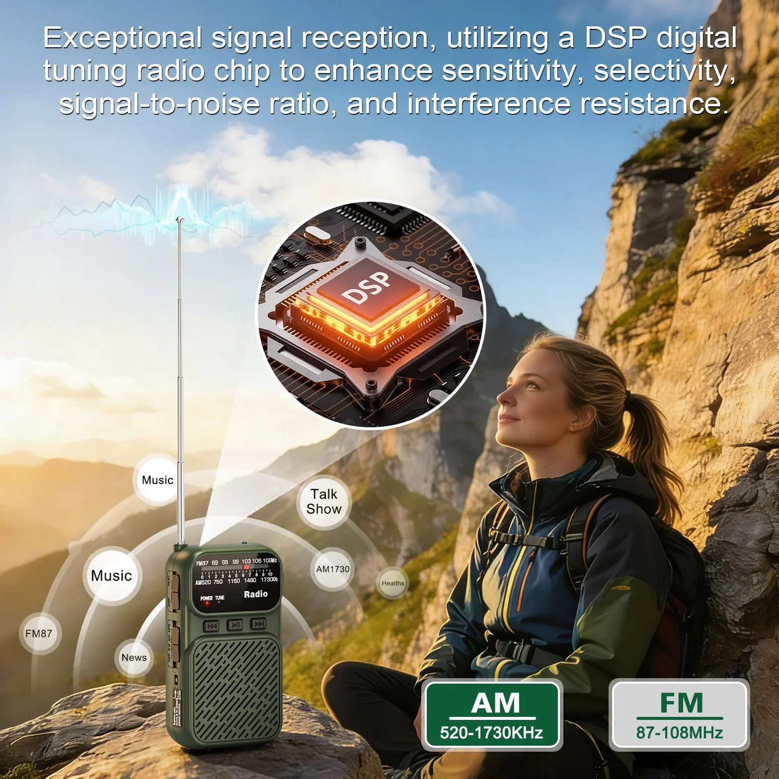Tendak Mini Radio à Piles AM/FM/FM Bluetooth Portable 1200 mAh USB-C Vert
