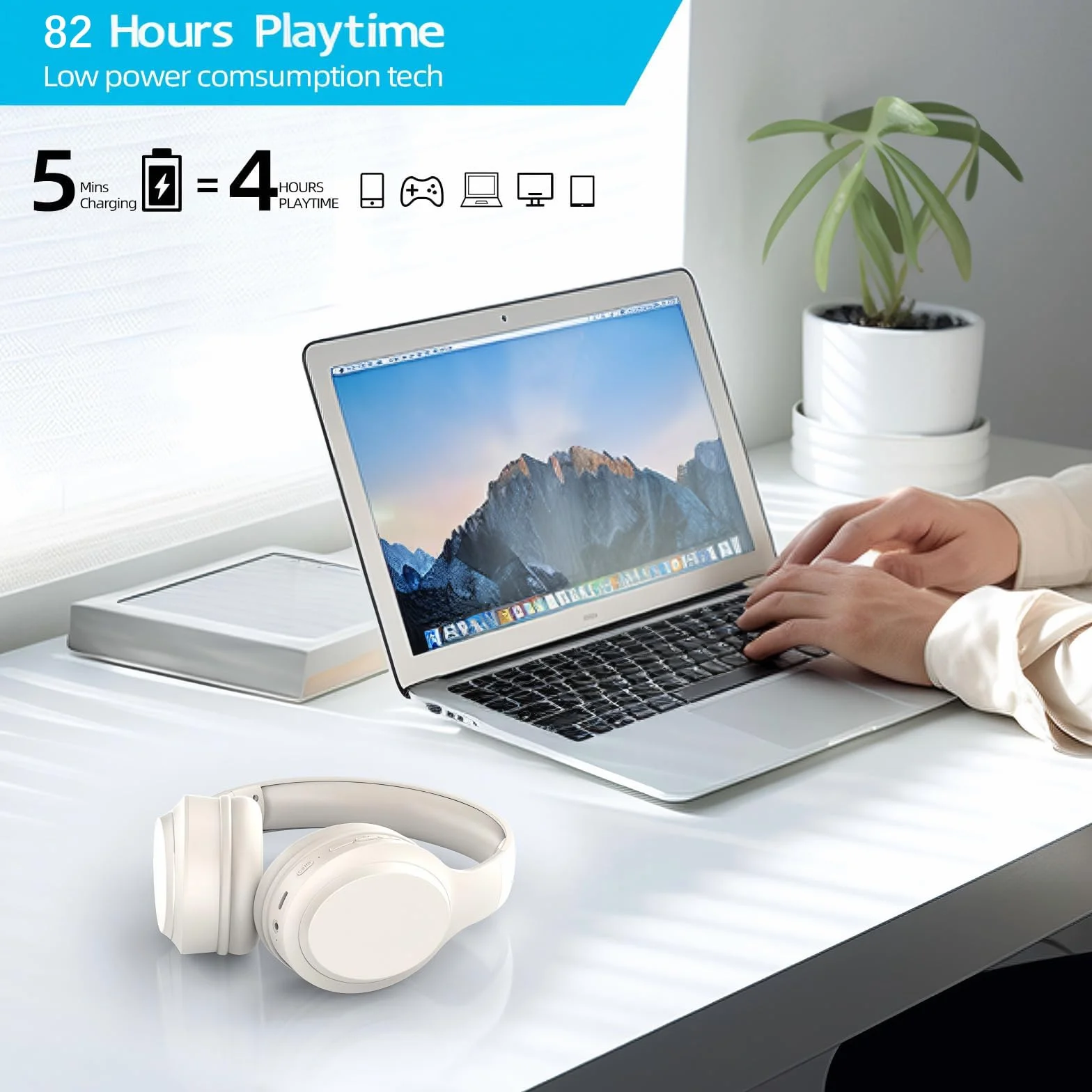 5.3 Casque sans fil Bluetooth avec microphone intégré, autonomie de 82 heures, prise en charge de l'audio haute résolution, coussinets confortables, pliables et respirants, compatible avec les télépho