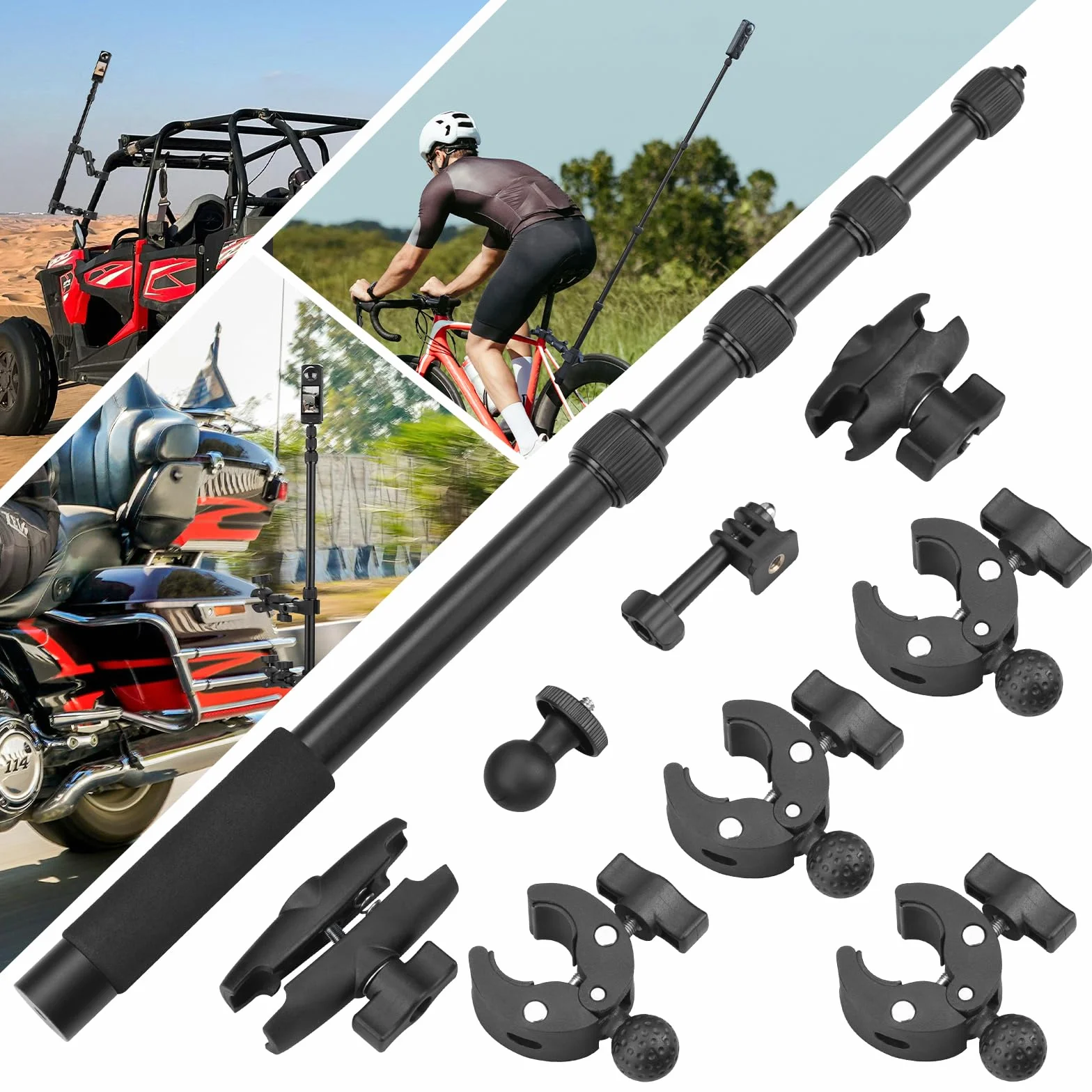 BRDRC Support de moto pour Insta 360 X4 X5, support de serrage de guidon de vélo, kit de perche à selfie invisible de 150 cm pour Insta360 X5 X4 X3 X2 X One, pour DJI OSMO 360, pour accessoires de
