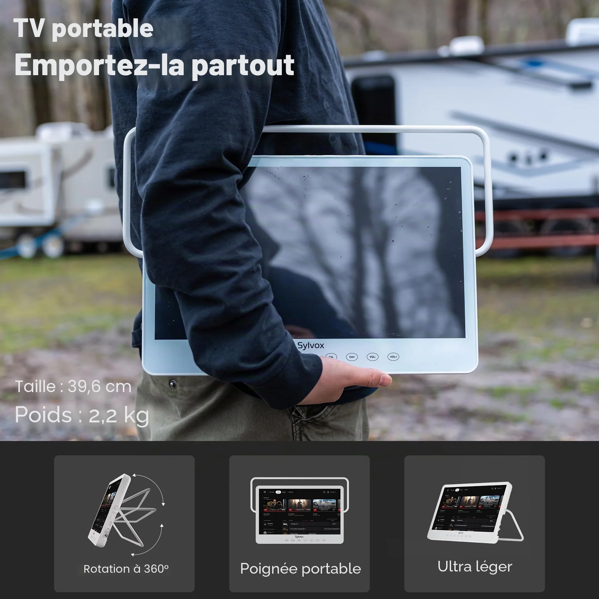 SYLVOX 15,6 Pouces Téléviseur Portable, Smart Google TV IP66 Étanche | Mini TV 1080P FHD Girevole 360°avec Poignée | DVB-C/T/T2/S2 | USB/HDMI -10000mAh (4-6 Heures) pour Camping, Chambre, Cuisine