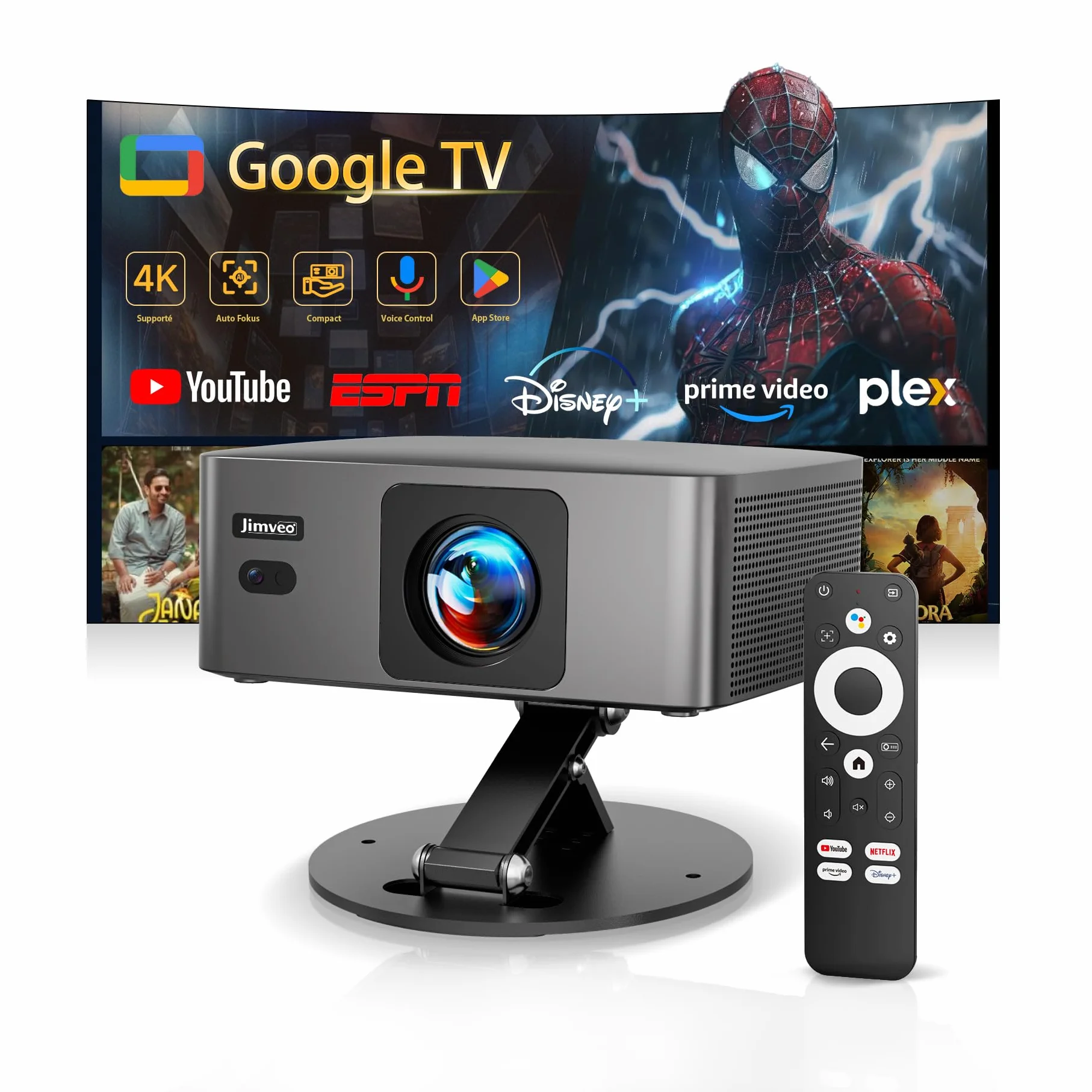 Jimveo Videoprojecteur 4K Mini Ultra Courte 1080P 1600 Lumens AutoFocus Keystone WiFi6 Bluetooth5.4