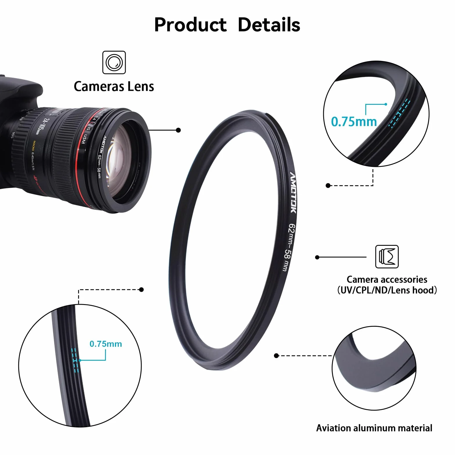 Adaptateur d'objectif 62mm à 58mm Bague d'adaptation Filtre CNC