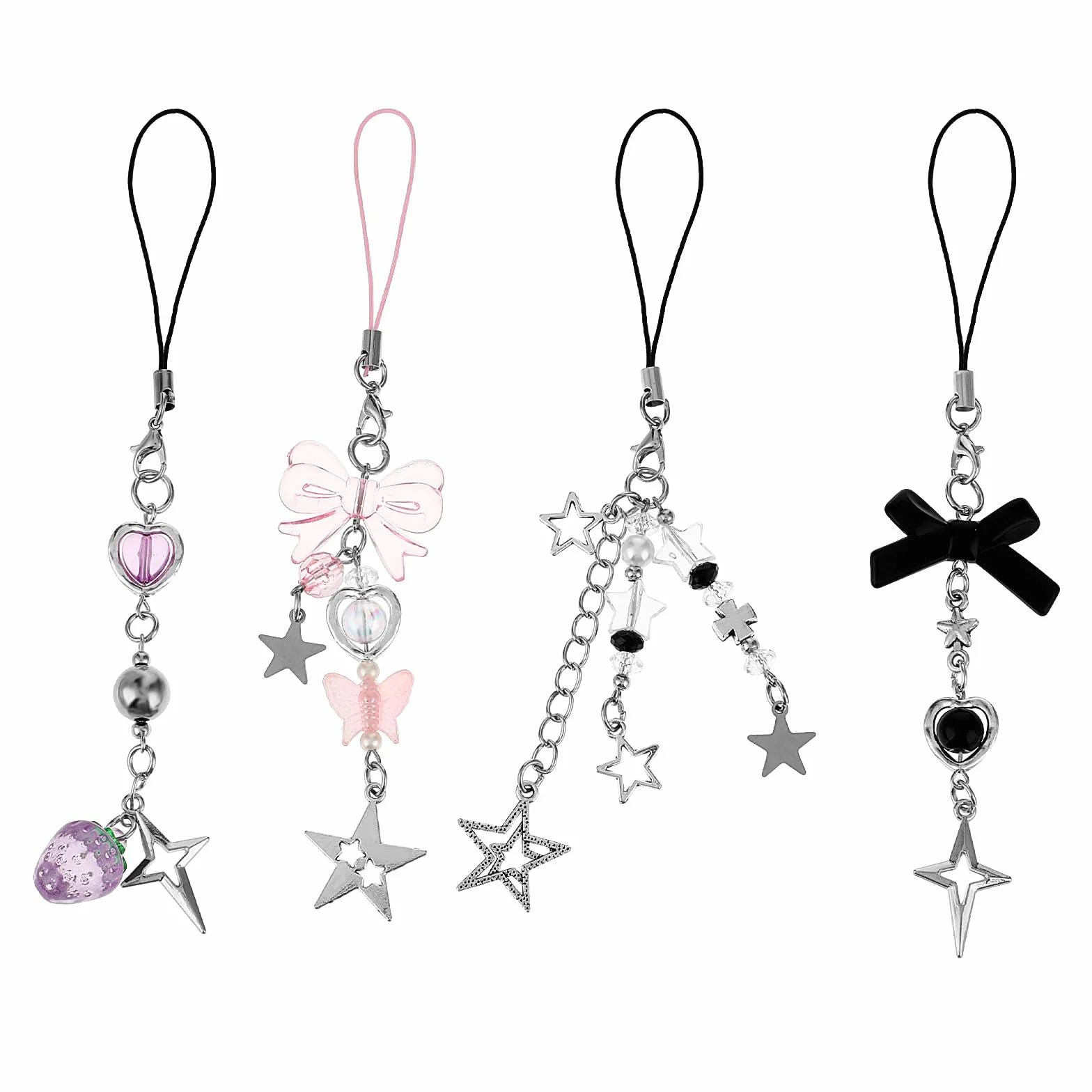 Amaxiu Lot de 4 breloques mignonnes - Motif fraise, papillon, étoile - Accessoire pour coque de téléphone portable - Porte-clés, décoration appareil photo