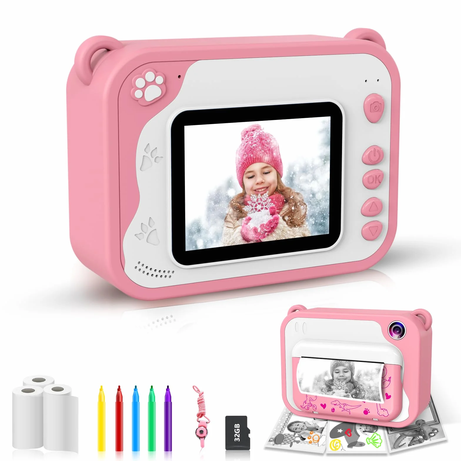 Caméra Enfants Appareil Photo Enfants à Impression Instantanée 2,4'' 1080P écran Appareil Photo Numérique pour Enfants 32GB SD Carte, Stylo 5 Couleurs Cadeaux pour Garçon et Fille Rose