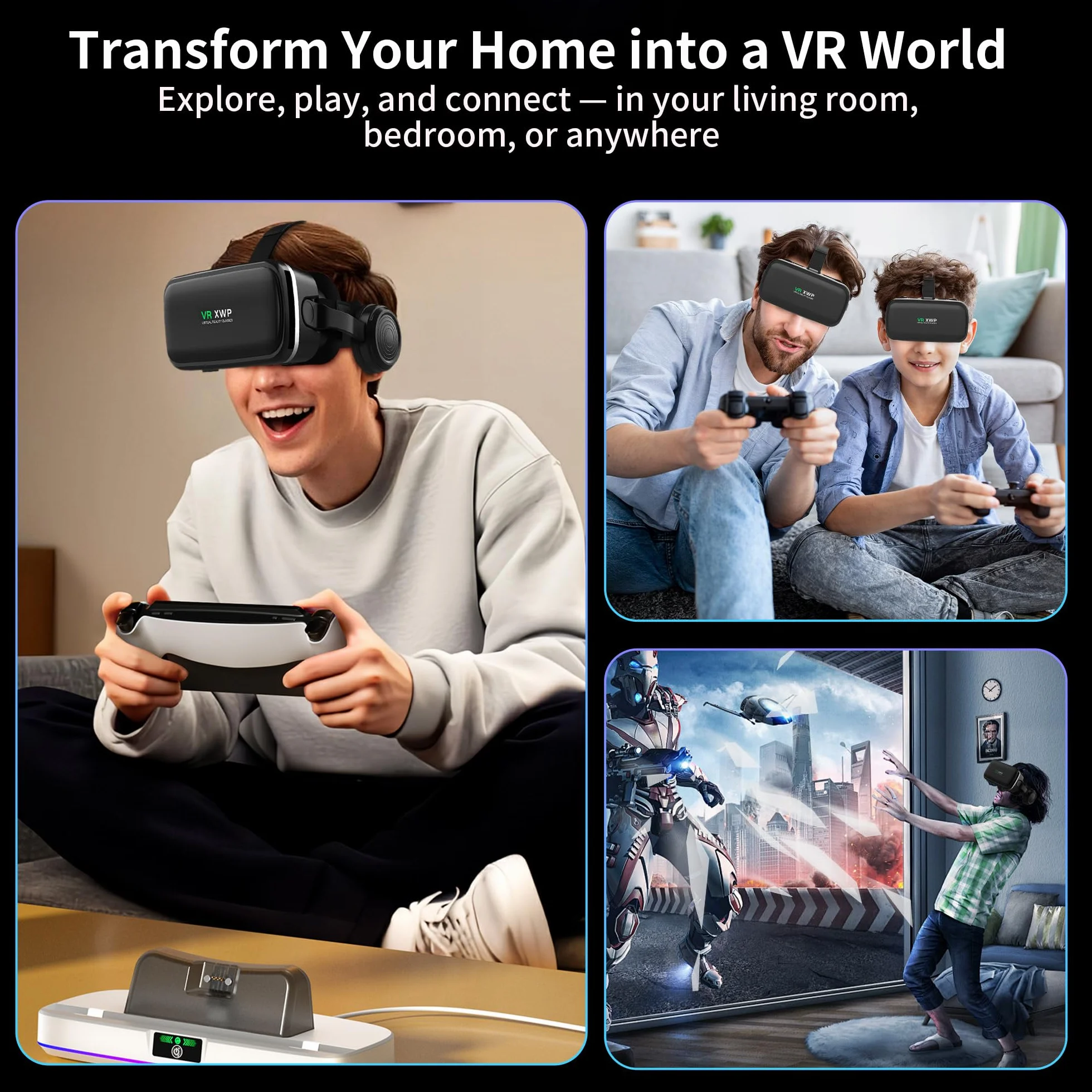 Casque VR 3D avec Écouteurs, Lunette de Réalité Virtuelle pour Téléphone Portable, Lentilles HD, iPhone & Android 4,7–6,8"