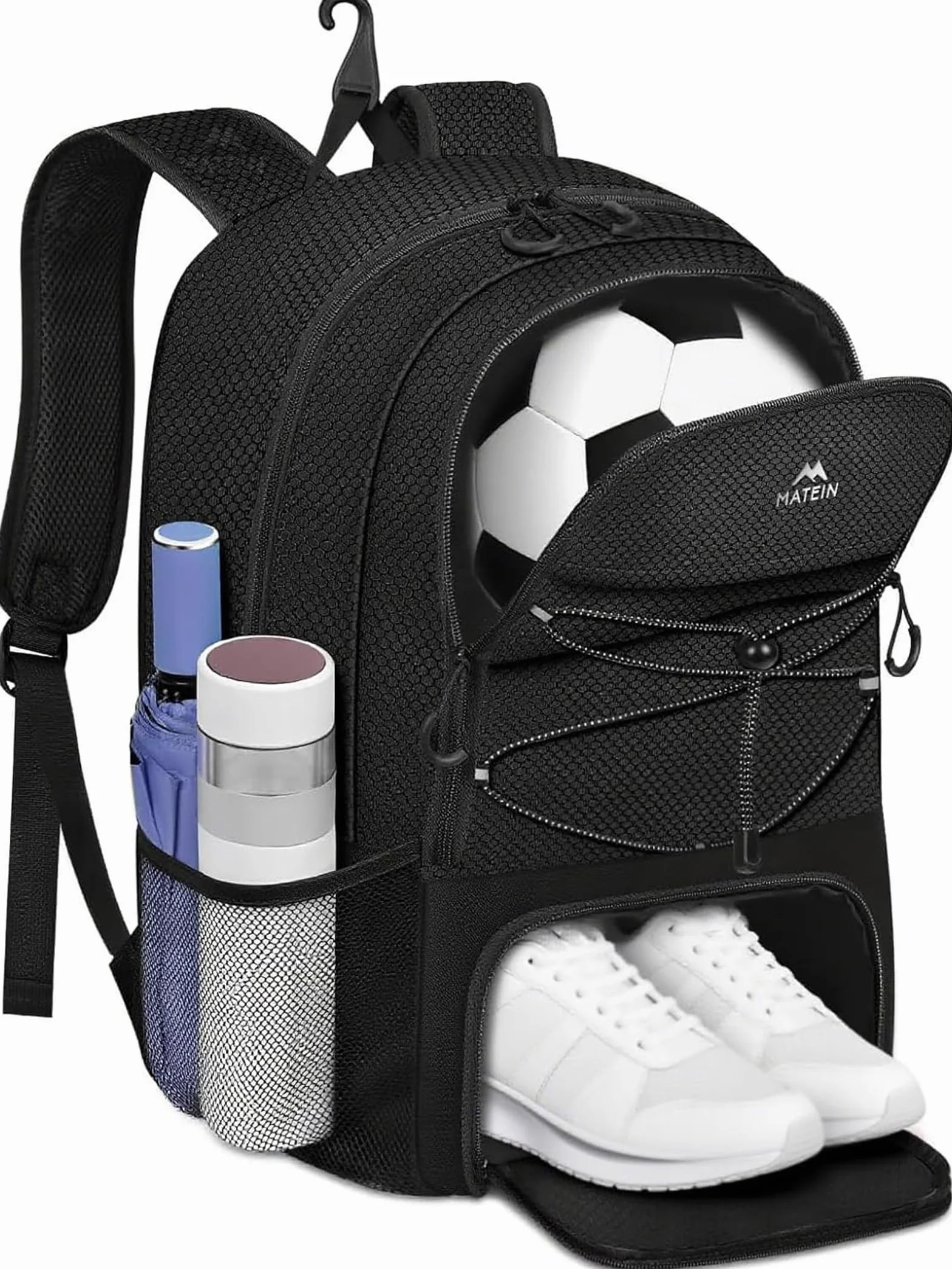 MATEIN Sac à Dos Football avec Compartiment à Chaussures Étanche pour Ordinateur Portable 15,6 Pouces, Noir