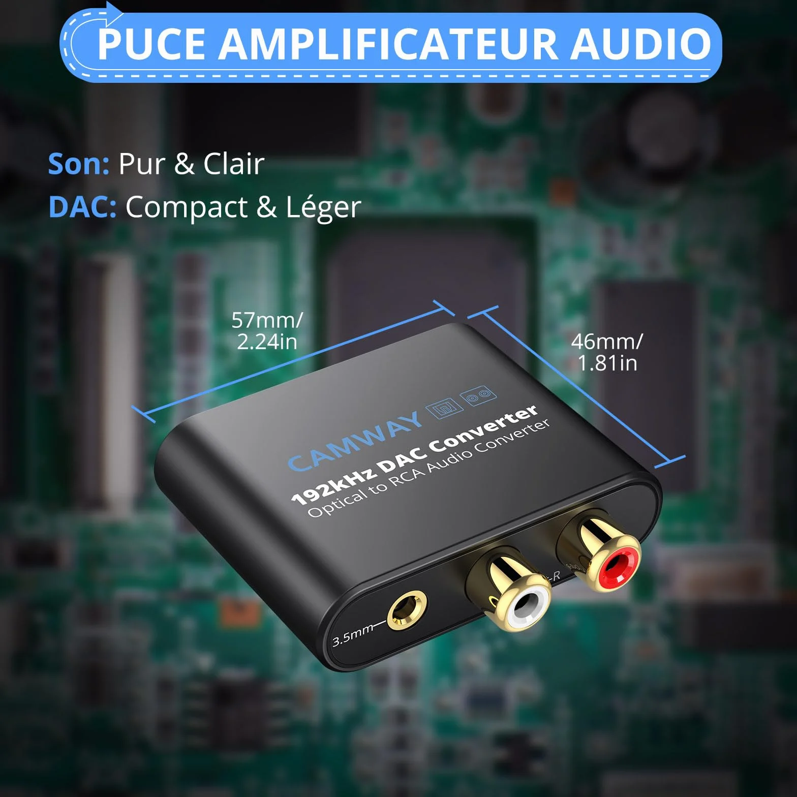 CAMWAY Convertisseur DAC 192kHz SPDIF vers RCA Optique Toslink vers 3.5mm Audio Numérique Analogique