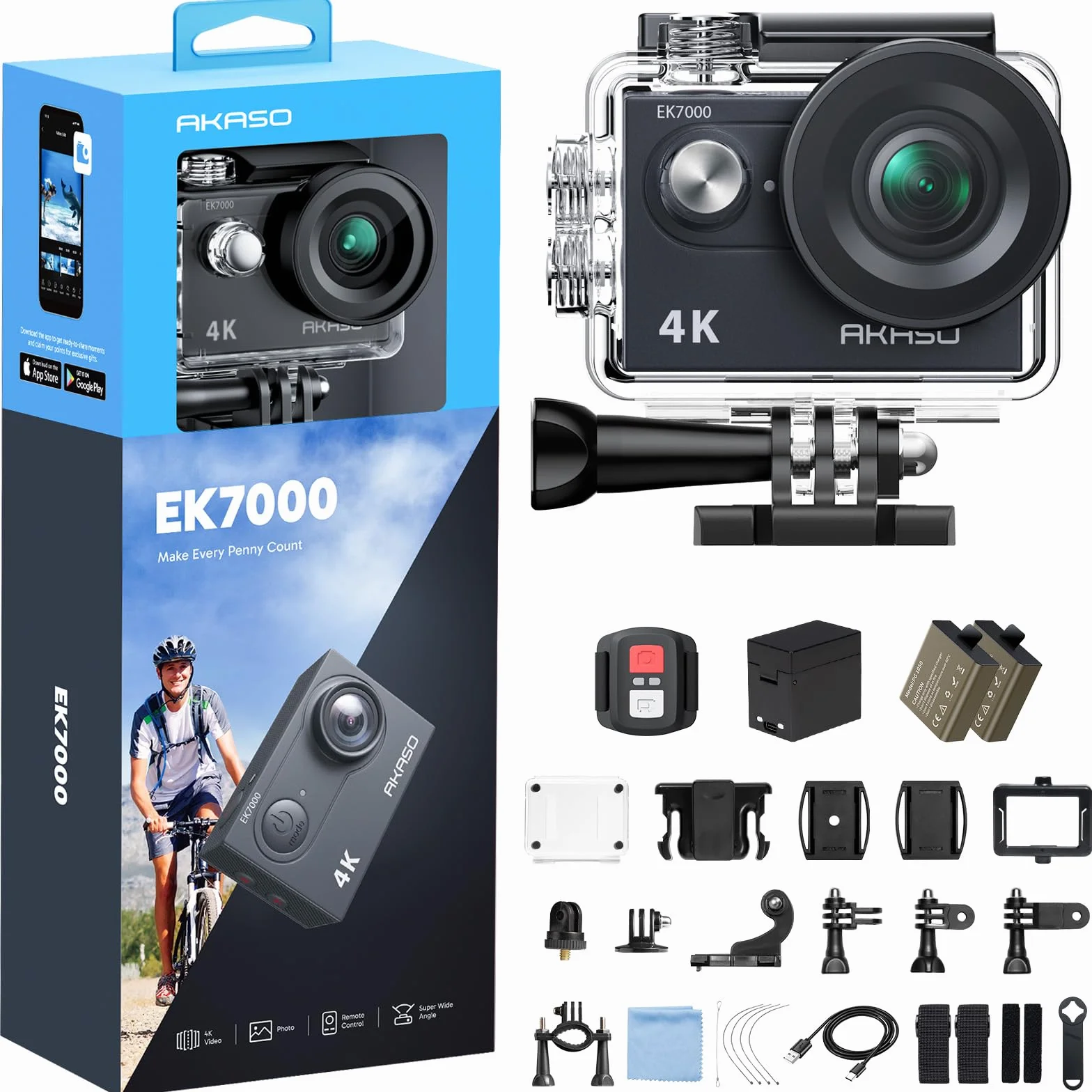 AKASO Caméra Sport 4K 30fps 20MP WiFi Caméra d'action 170° Grand Angle, Télécommande 2.4 G, Caméra Étanche 30M et 2 Batteries, Stabilisation- EK7000