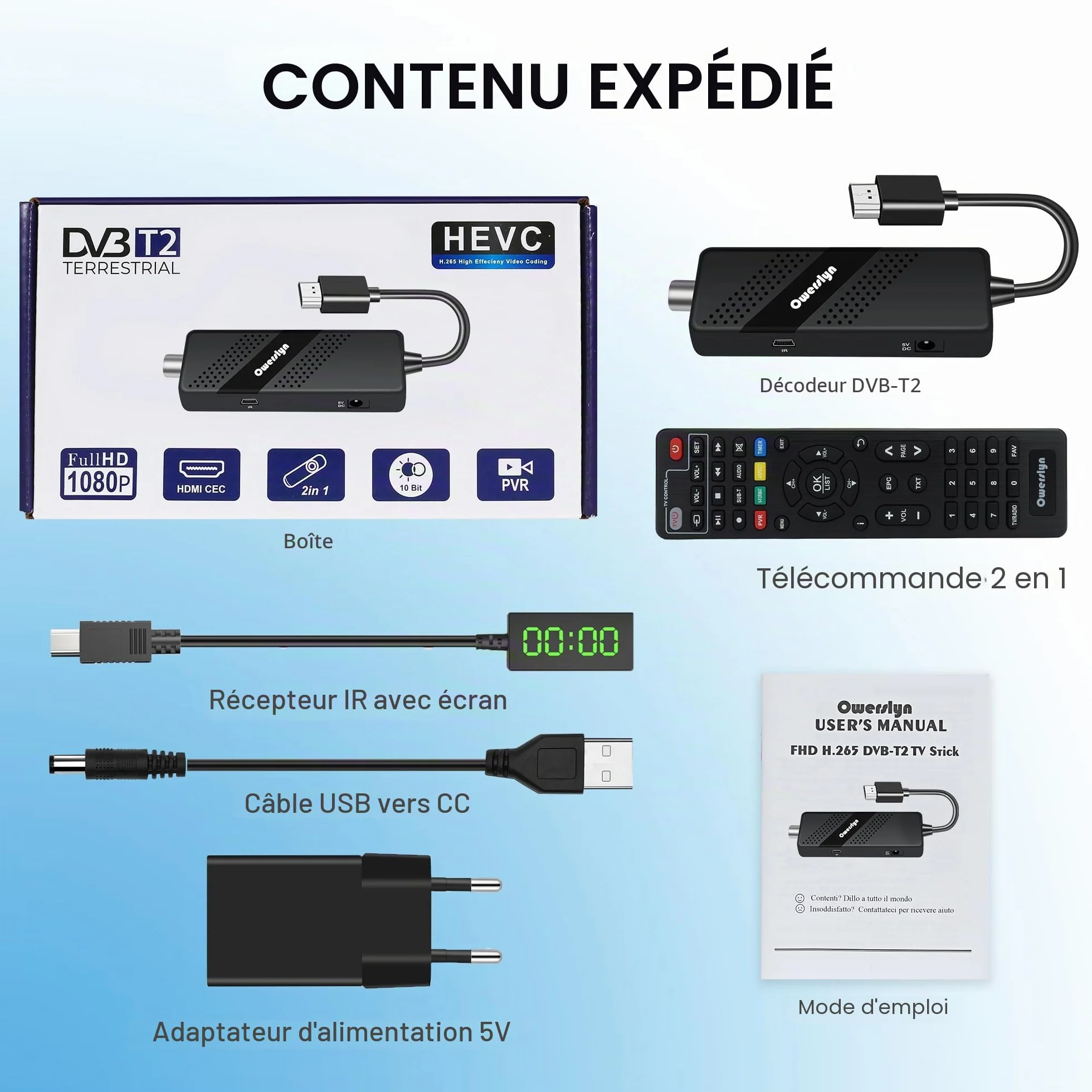Décodeur TNT Full HD DVB-T2 OWERSLYN HEVC H265 1080P HDMI PVR Télécommande Infrarouge