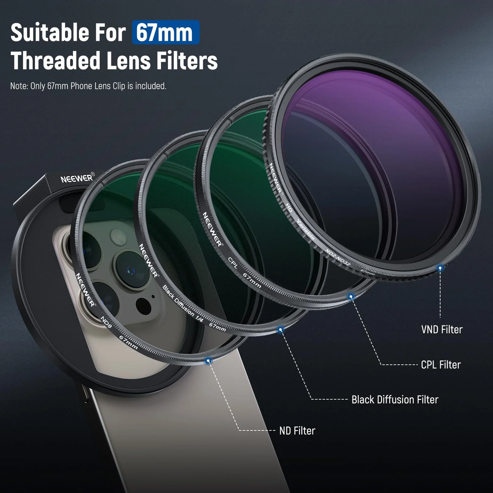 Support de filtre pour téléphone portable de 67 mm, adaptateur de filtre universel, extension de sabot de flash en métal, compatible avec les filtres filetés de 67 mm, pour la photographie de