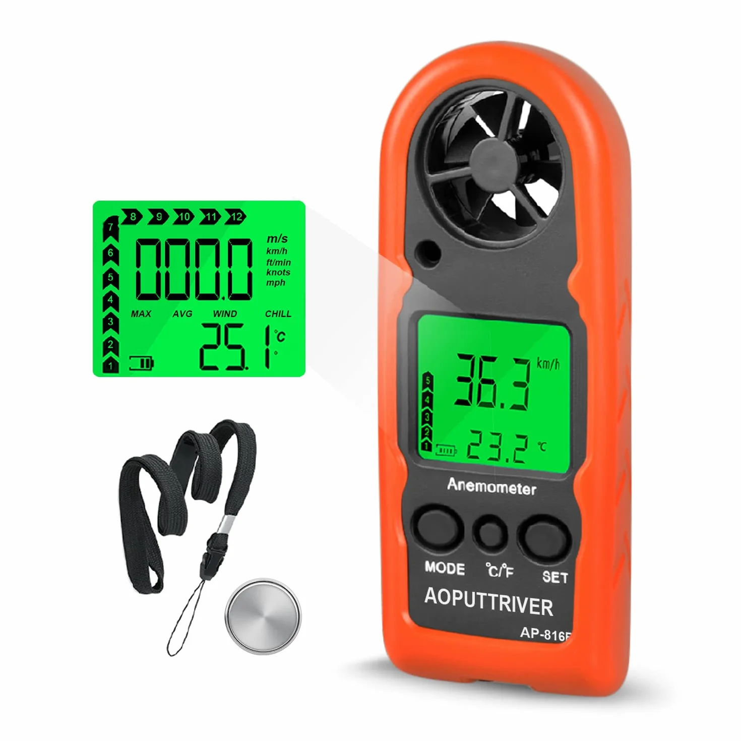 Anémomètre de poche AP-816B mesure vitesse du vent température max/min/courant pêche voile