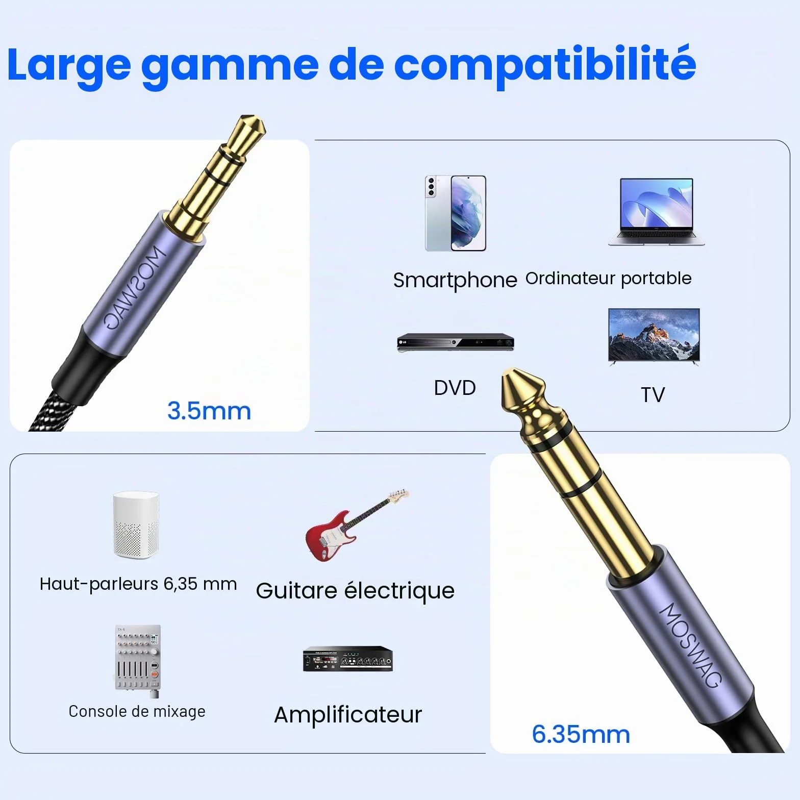 MOSWAG Câble Audio 3.5mm vers 6.35mm Stéréo Jack 1M, Câble Jack TRS Nylon Tressé 6.35 Mâle vers 3.5 Mâle pour DVD, Haut Parleurs, Table de Mixage, Cinéma Maison etc
