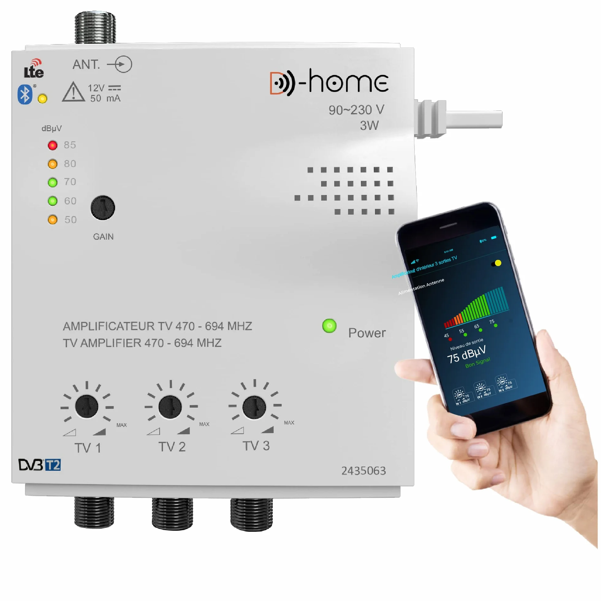 D-Home - Amplificateur TV TNT Intérieur 3 Sorties 28dB Connecté Filtré 4G-5G - Fonctionne avec App Mobile TV Finder pour Trouver le Meilleur Signal Disponible. Pour Toute Antenne