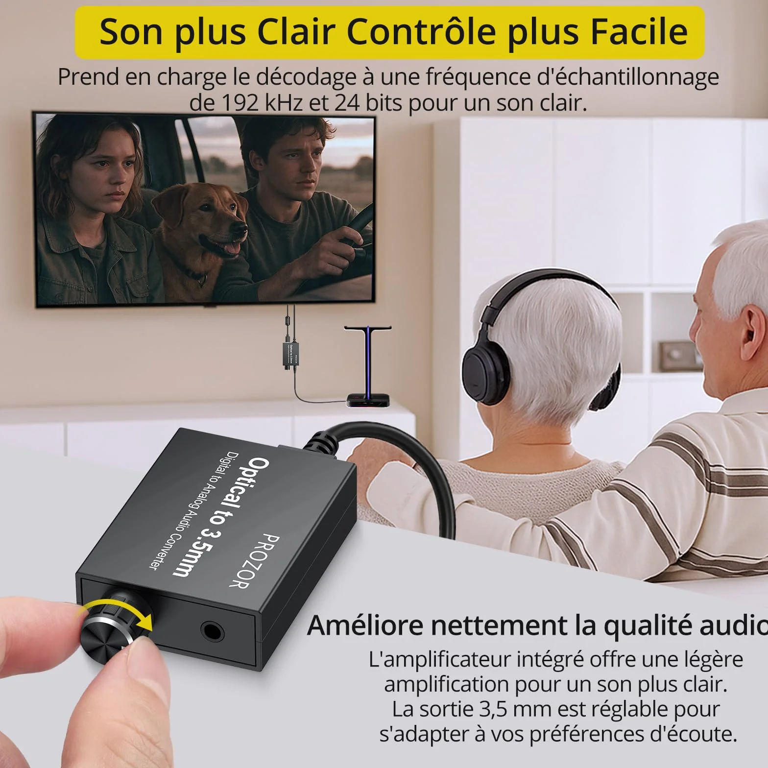 PROZOR Convertisseur SPDIF Optique vers 3.5mm avec Amplificateur Audio 192kHz/24bit Compact Plug and Play pour Casque TV et Enceintes
