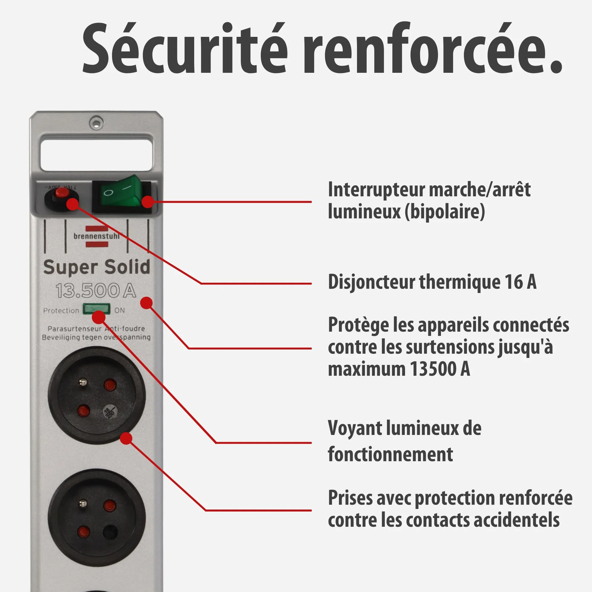 Brennenstuhl Multiprise Super-Solid avec Interrupteur et parasurtenseur 13500A (Bloc Prises orientées à 45 degrés, disjoncteur 16A, Voyant de Protection antifoudre, 2,5m H05VV-F, boîtier PC) Gris