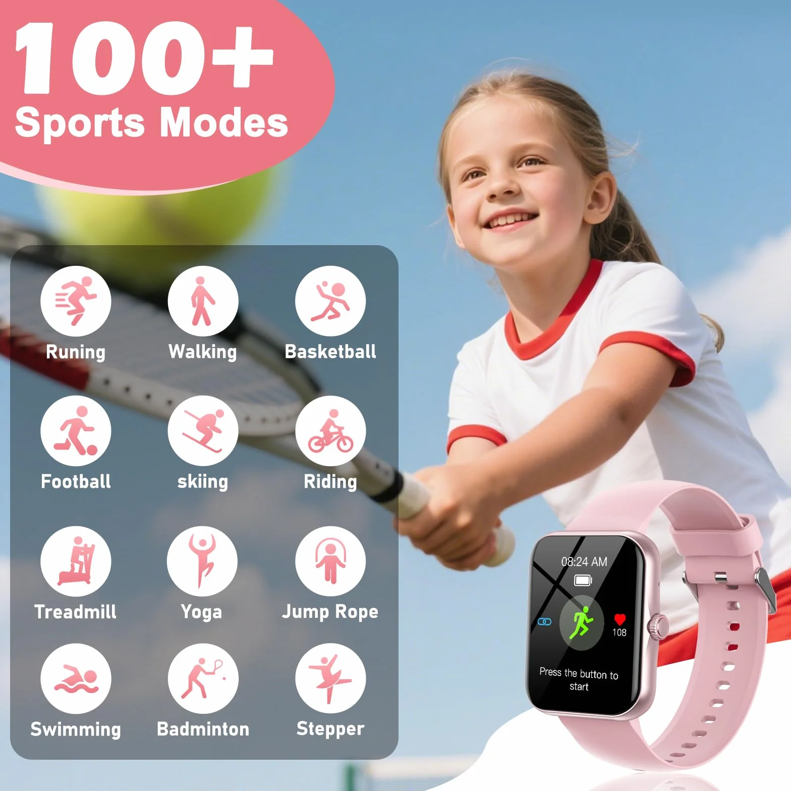 Fitness Tracker Montre Connectée Enfant, 1,83" HD Montre Intelligente pour Garçon Fille IP68 Étanche avec 120+ Mode de Sport Cardiofrequencemètre Podomètre Réveil Jeux pour Ados 4-16 Ans Cadeau, Rose
