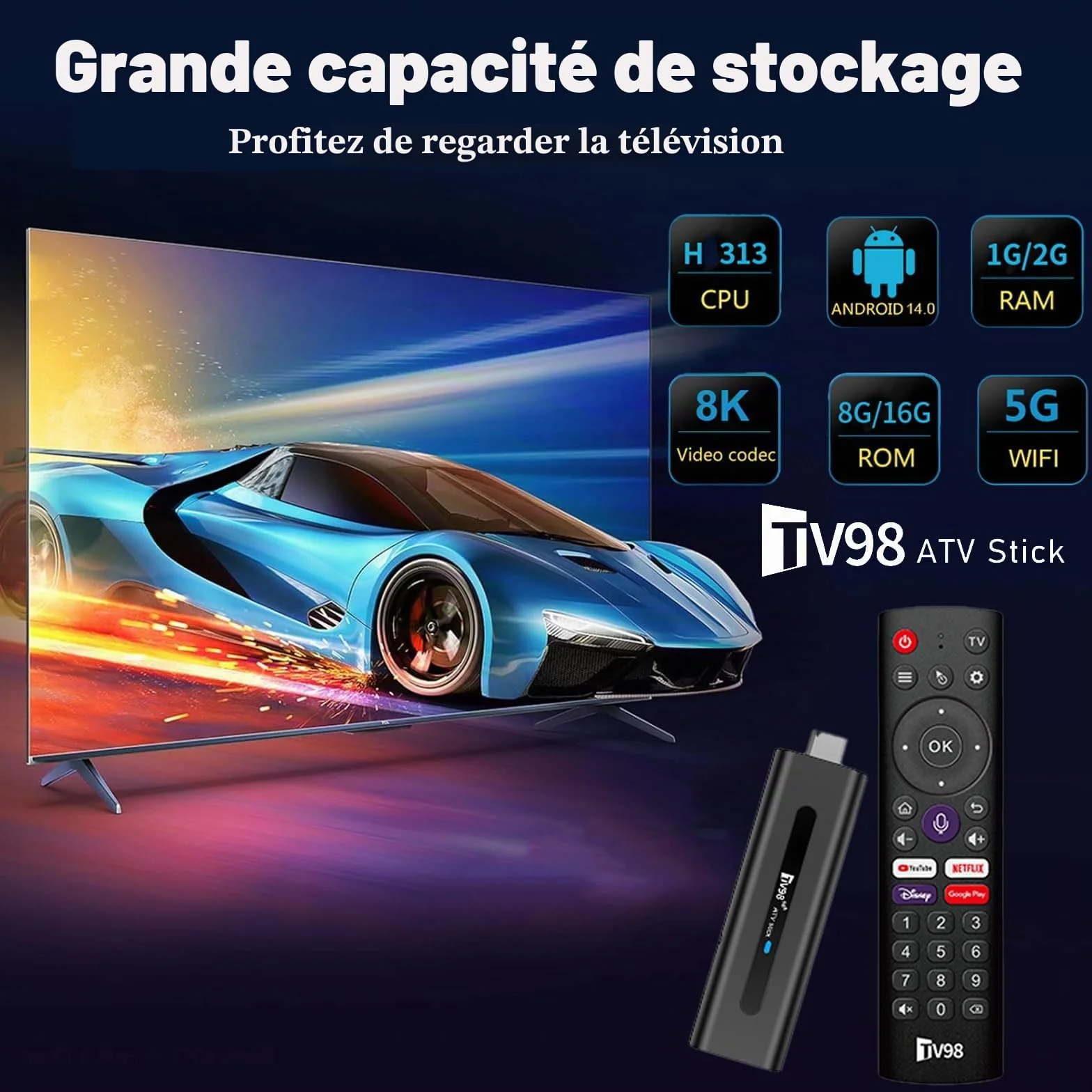 Android 14.0 TV Box, clé de streaming 8 K, 2 Go de RAM 16 Go de ROM, double WiFi 2,4 G/5,8 G, HDMI, 4 K HDR, télécommande vocale, lecteur de films 3D, convient pour les boîtes TV Android ou les clés