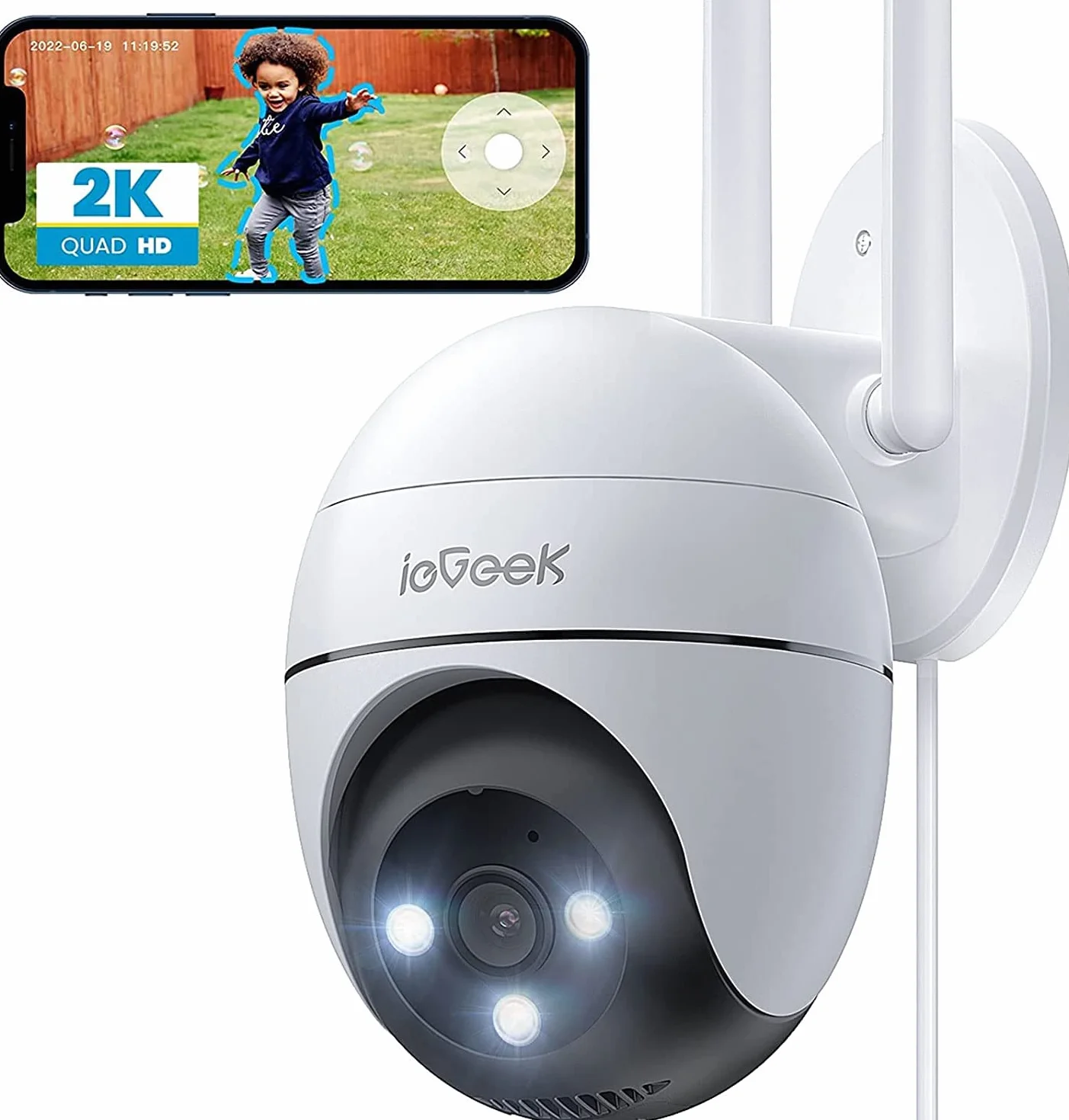 ieGeek 2K Camera Surveillance WiFi Exterieure, 360° Camera IP Compatible avec 2.4Ghz/5Ghz, Vision Nocturne Couleur, Détection Humaine, Audio Bidirectionnel, Pan 355°/Tilt 120°, Stockage Cloud