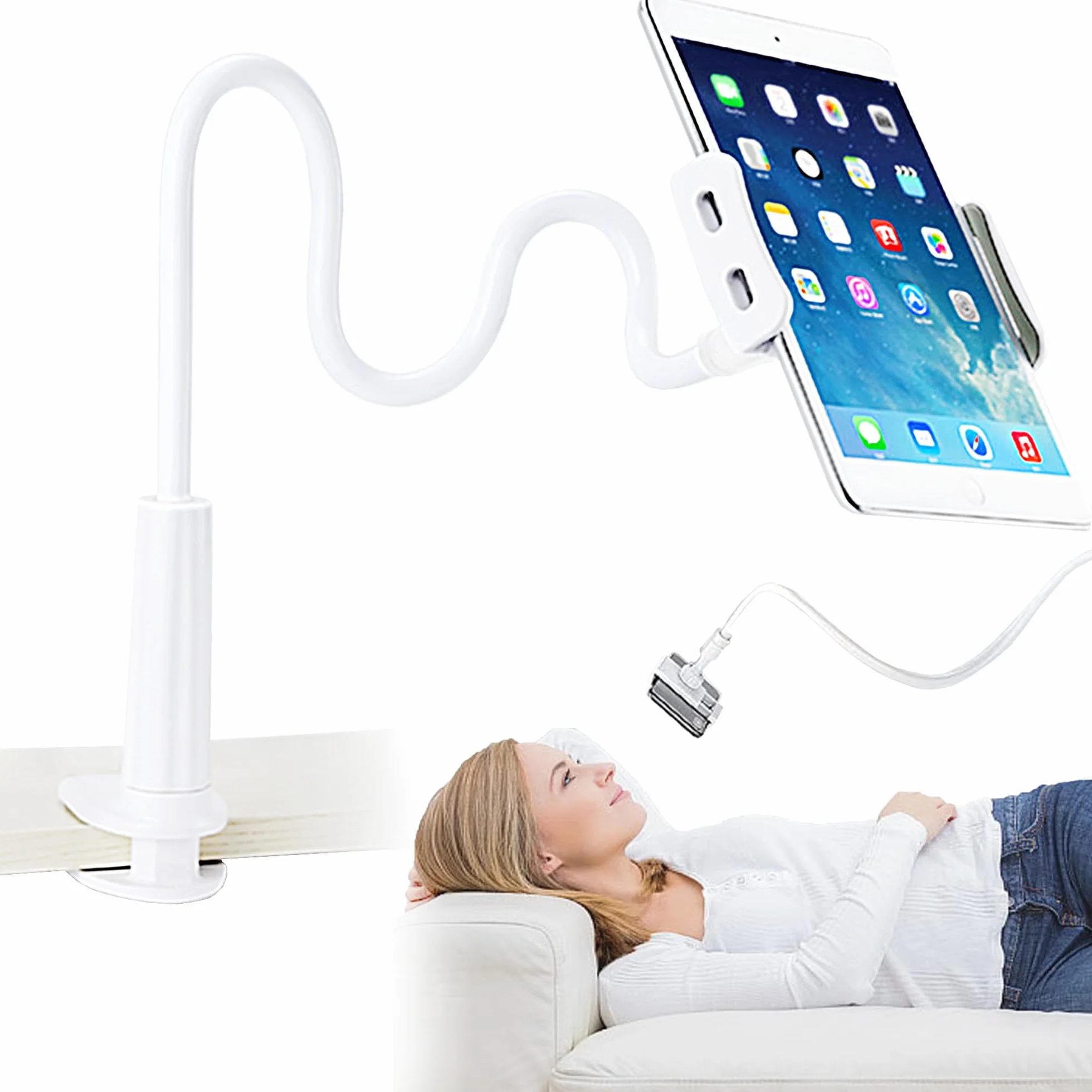 Support de Téléphone, Universelle Lit Support Telephone Bureau Rotation 360° Support,80 cm de Longueur Totale, Gooseneck Support Réglable, Bras Extensible (Blanc)