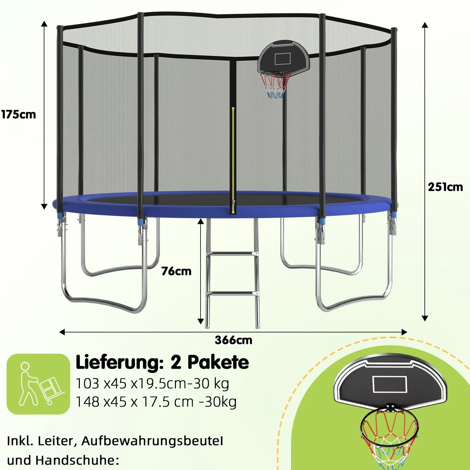Trampoline d'extérieur 305/366 cm avec panier de basket-ball, échelle et revêtement antirouille - Charge maximale 200/272 kg