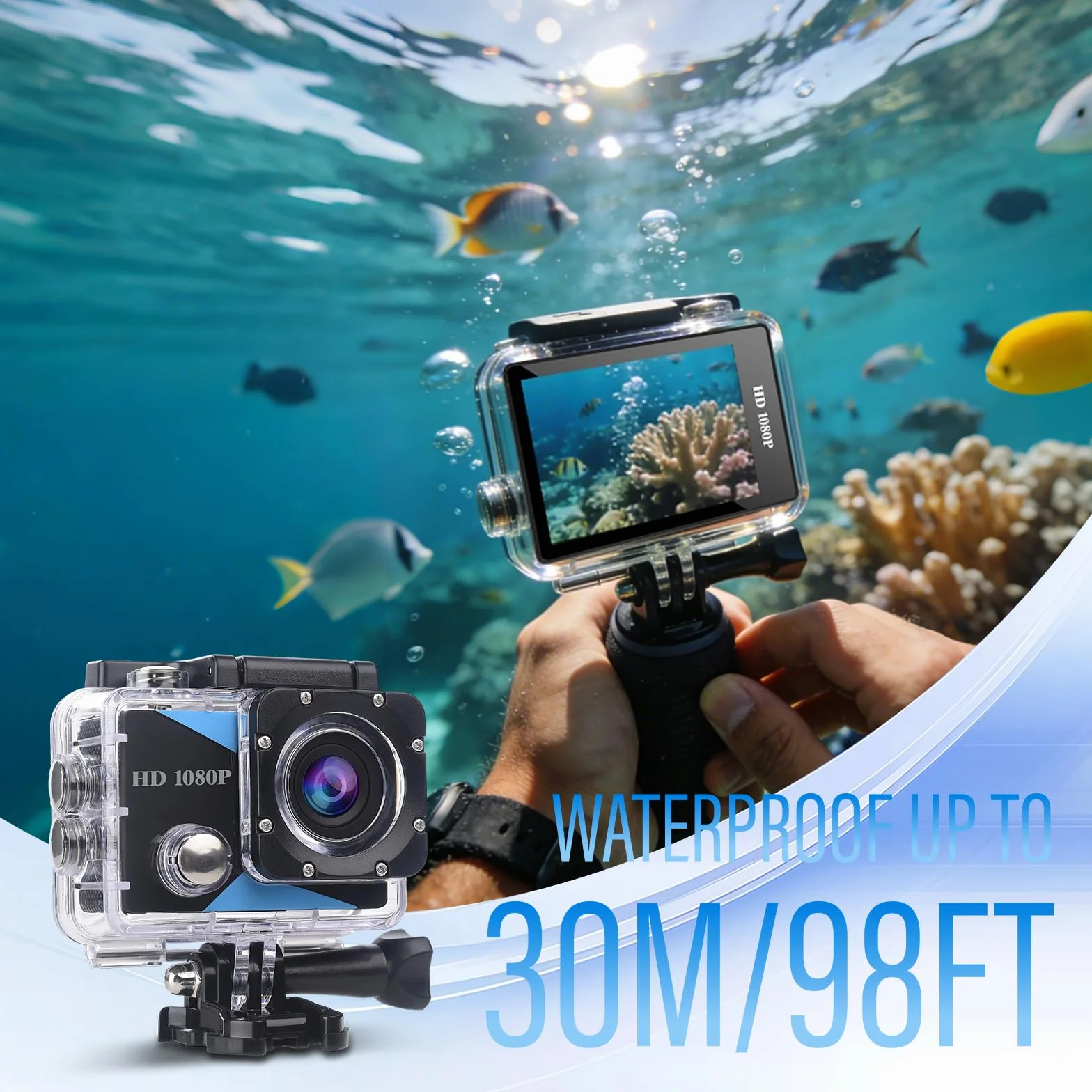 Caméra Sport 1080P 12MP 2" Écran LCD Étanche 30M avec Batteries et Accessoires Vélo