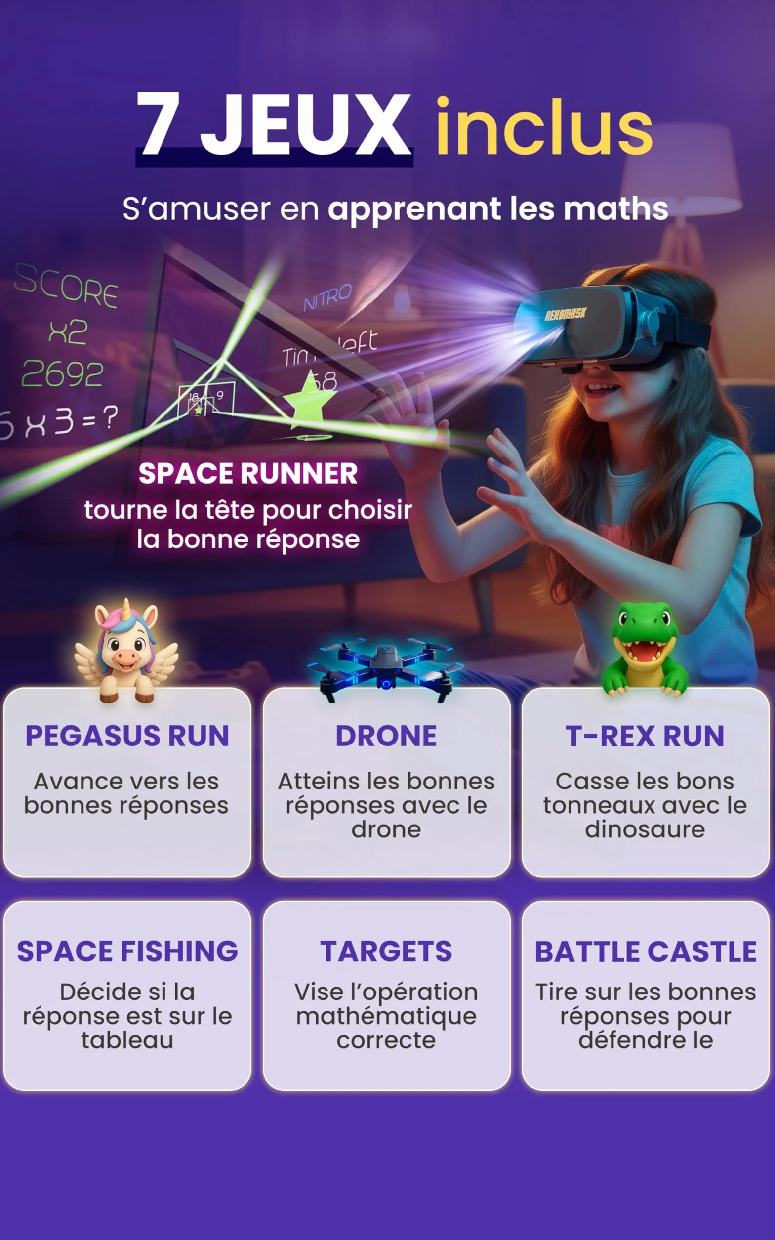 HeroMask Casque VR Réalité Virtuelle Enfant 5-12 Ans Jeux Maths Tables Multiplication Addition Calcul Mental