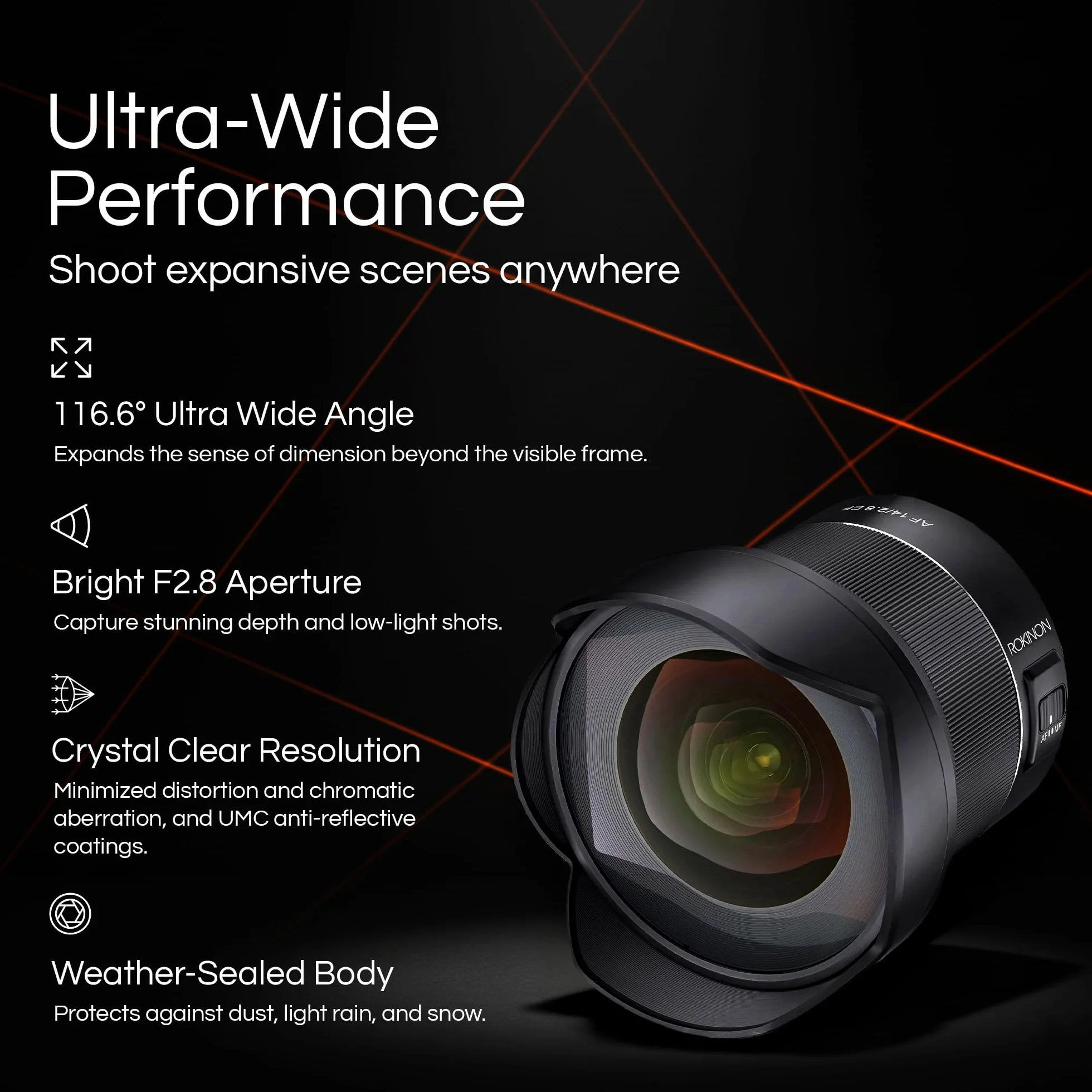 Rokinon AF Objectif Grand Angle 14 mm F2.8 étanche avec Mise au Point Automatique pour Canon EF, Noir (IO14AF-C)
