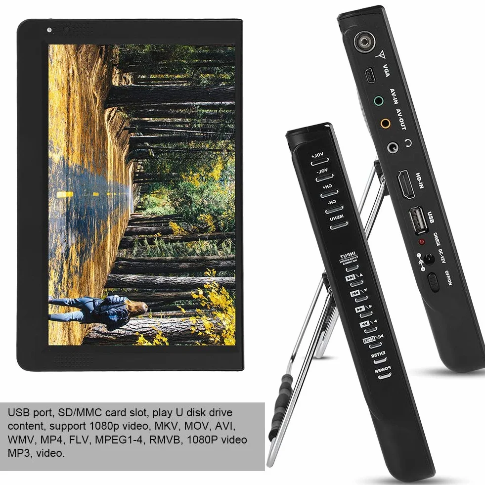 Téléviseur numérique Portable, Lecteur de télévision numérique Portable 1080P 12 Pouces 16: 9 LED, pour Chambre à Coucher, Cuisine, Caravane, Voiture, avec Support