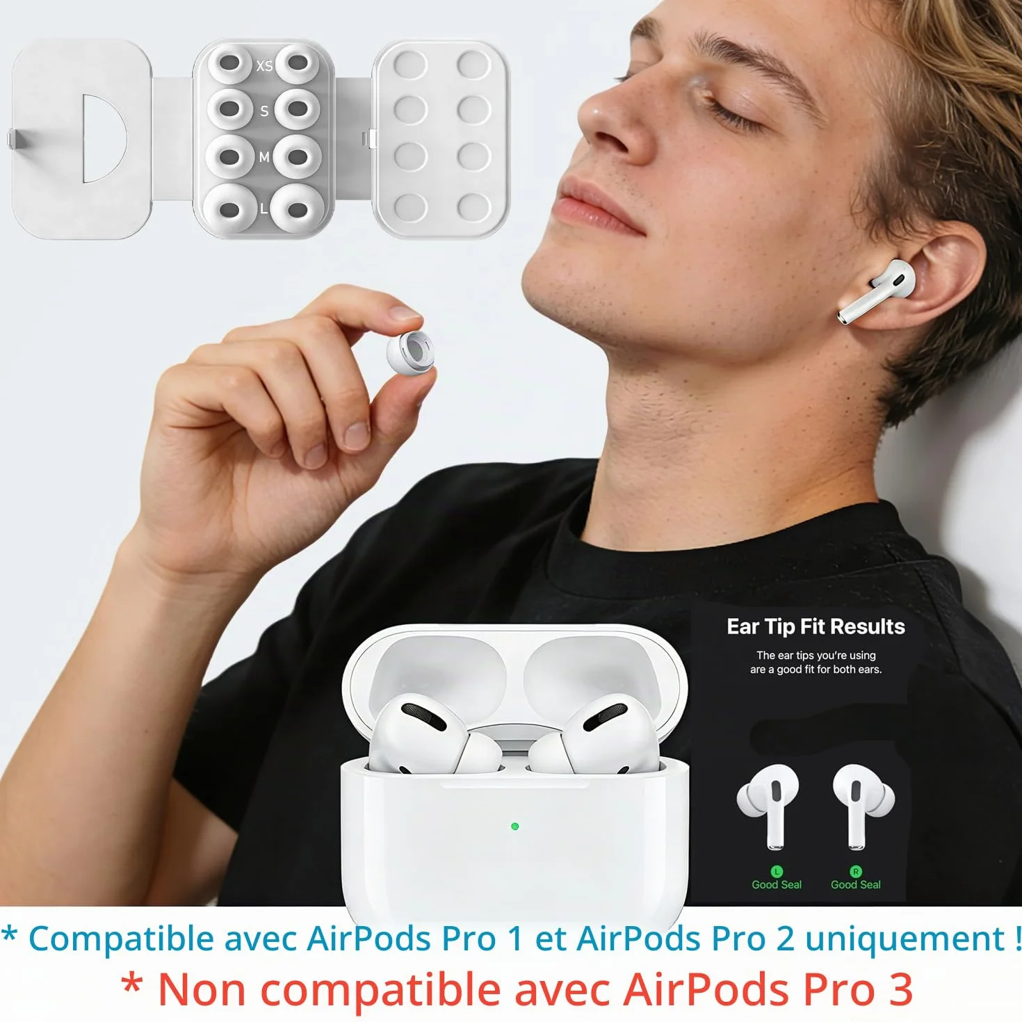SIXFU Embouts de Remplacement Compatible AirPods Pro 1 & Pro 2 avec Boîte de Stockage et Kit de Nettoyage, Taille XS/S/M/L, Blanc