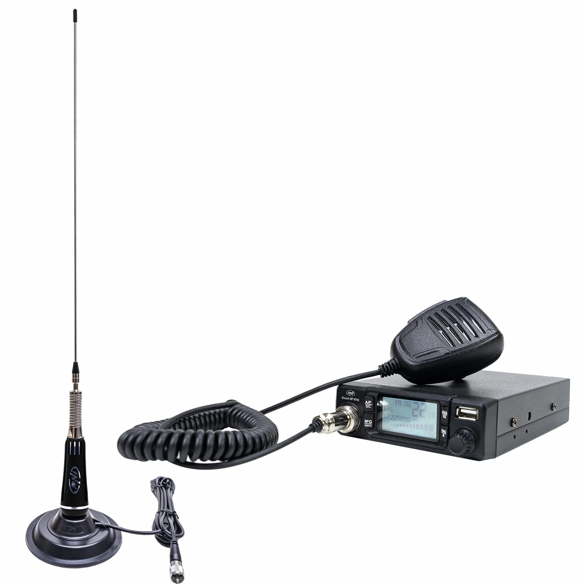 Radio CB Antenne PNI Escort HP 9700 USB et CB PNI LED 2000 Socle magnétique 12V/24V
