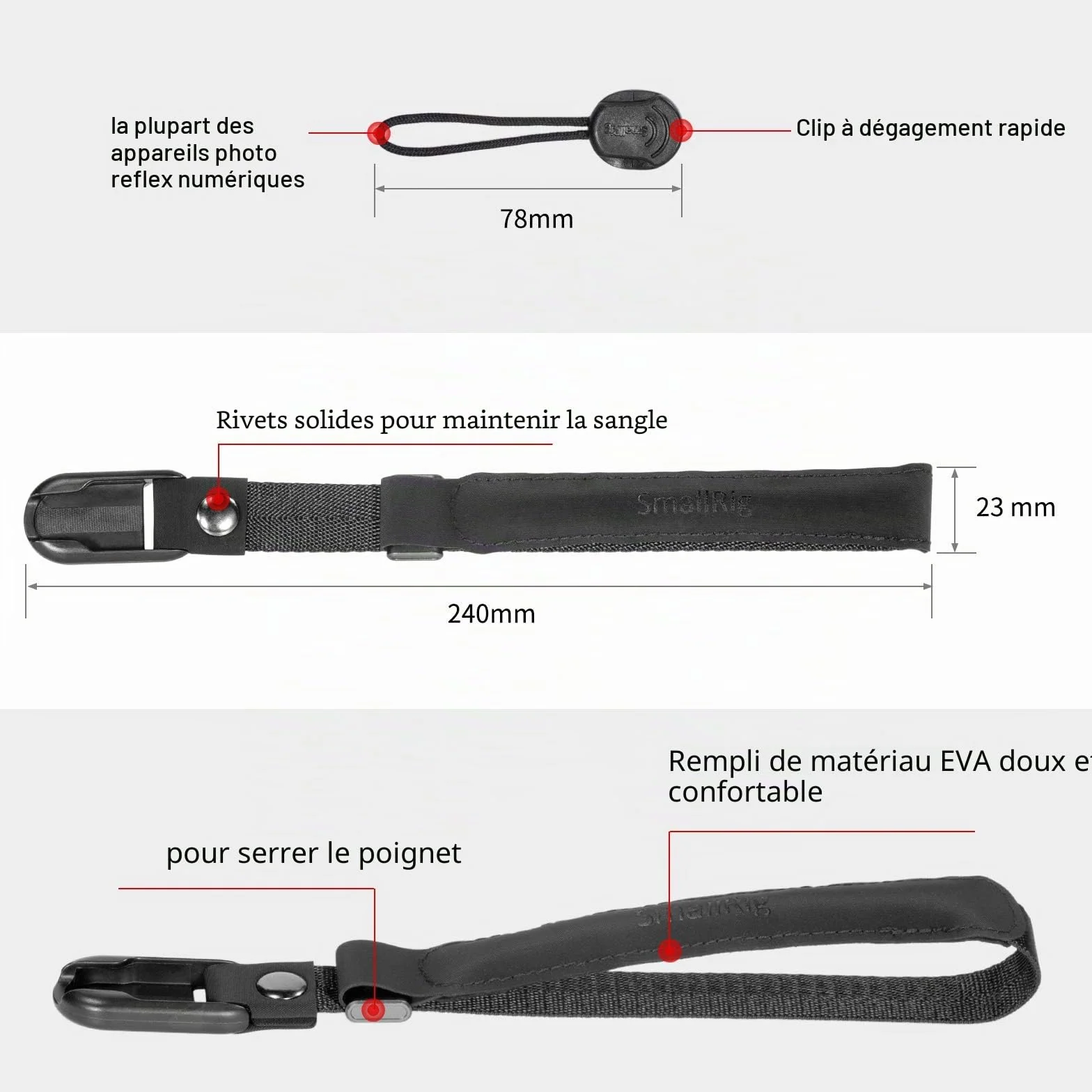 SMALLRIG Dragonne en Néoprène pour Canon pour Nikon pour Sony pour Fujifilm pour Olympus DSLR SLR - 2398