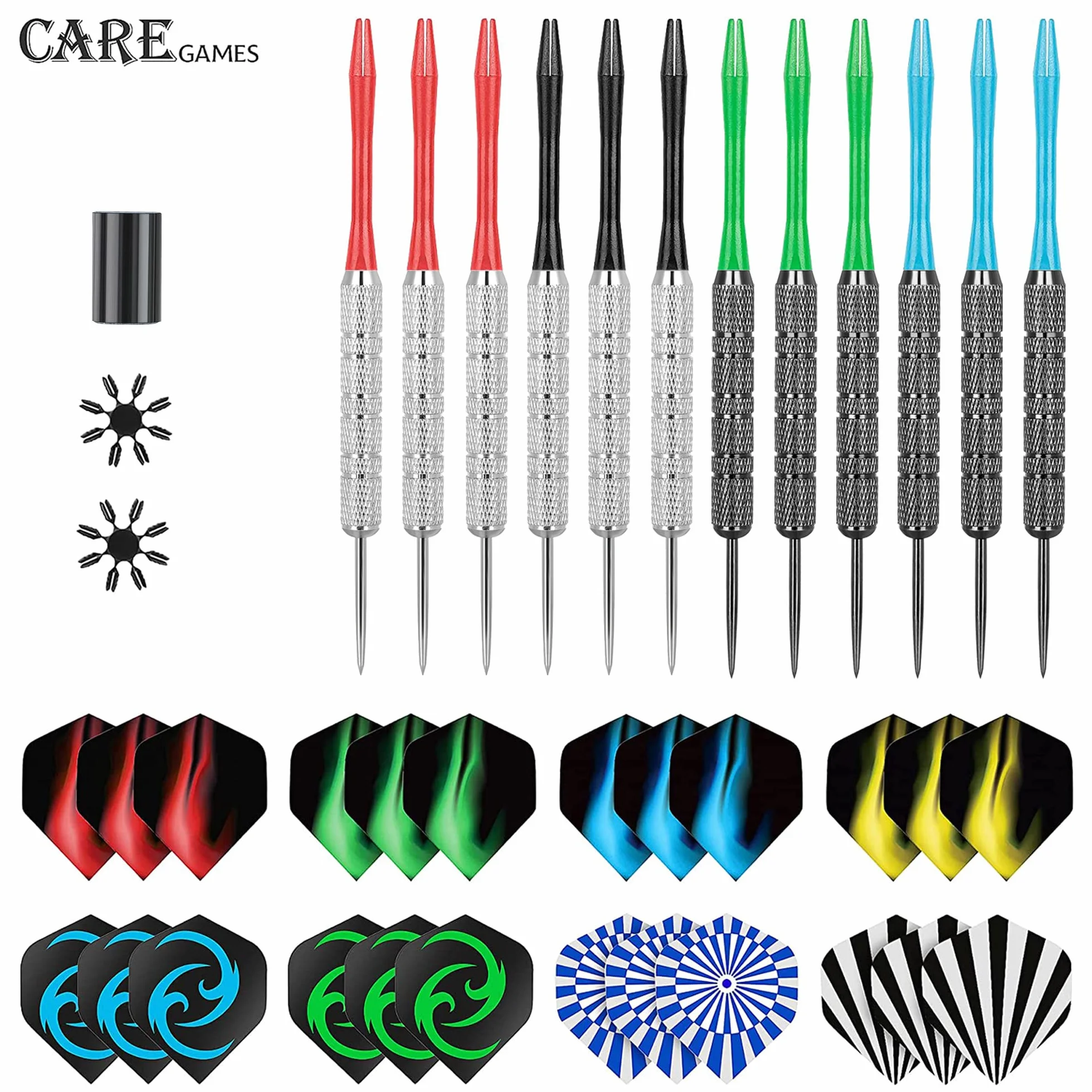 Fléchettes Professionnelles Pointe Acier Lot 12 Métal 18 g Tiges Ailettes Protection Vol Aiguiseur