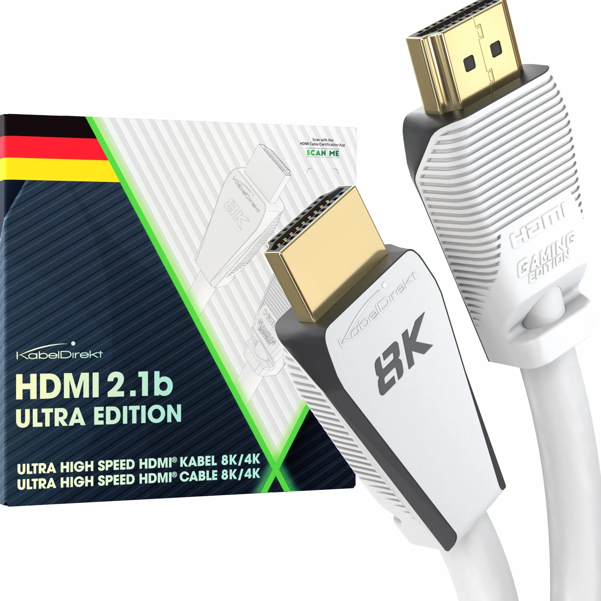 KabelDirekt câble Ultra High Speed 8K @ 60Hz/4K @ 144Hz pour Gaming PC/PS5/Xbox, HDMI 2.1 b, 2 m, certifié Ultra Edition, blanc