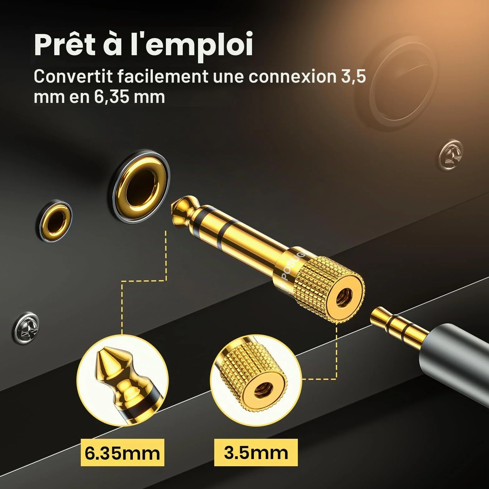 POSUGEAR Adaptateur Jack 6.35 mm Mâle vers 3.5 mm Femelle Audio Connecteur Stéréo Plaqué Or