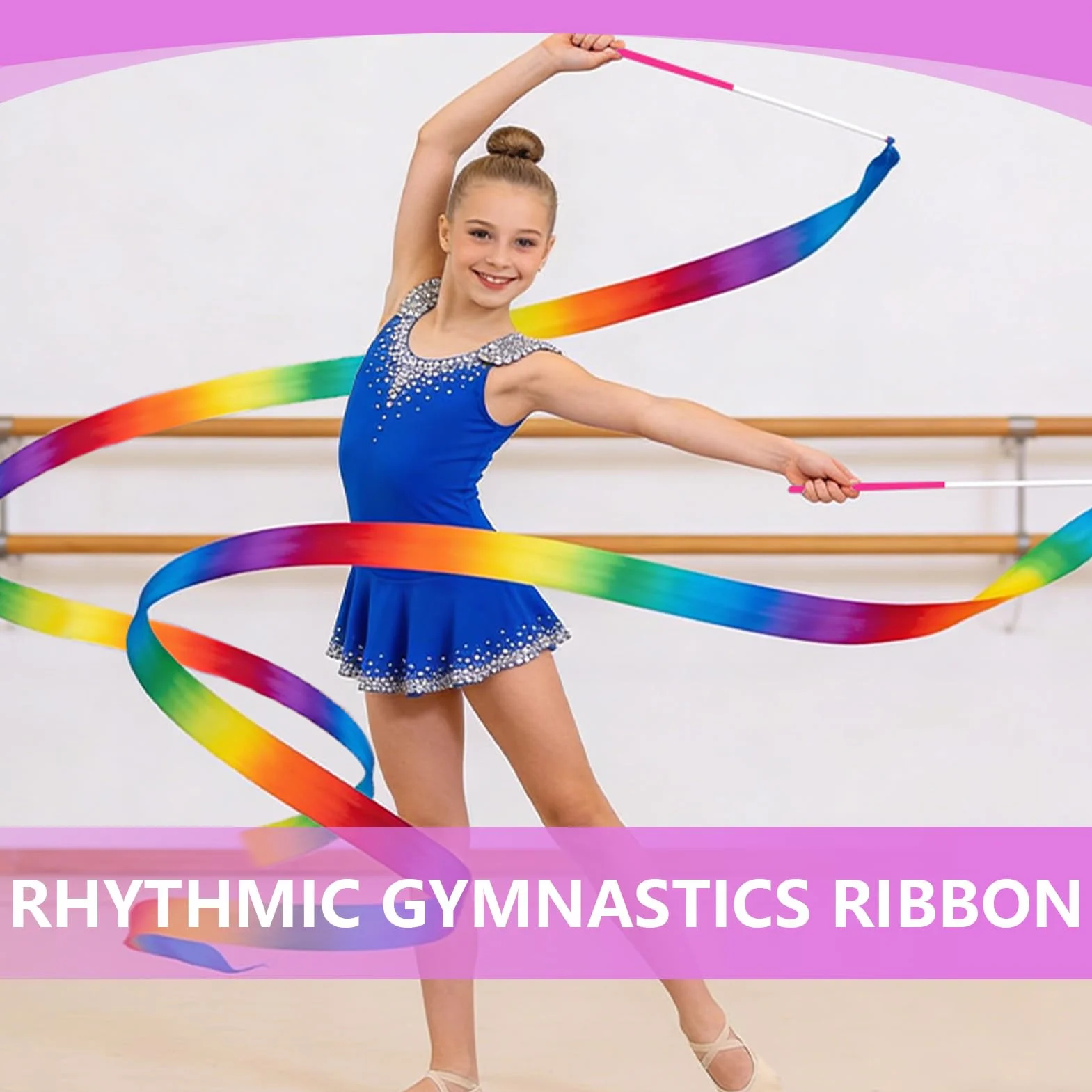 Ruban Gymnastique Rythmique 2M Nylon Durable avec Bâton 29cm, Set de 2 Pièces Multicolores
