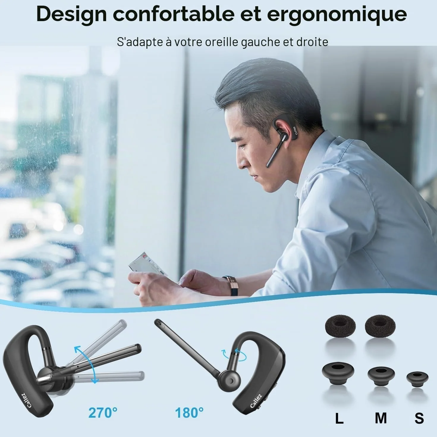 Callez Oreillette Bluetooth sans Fil pour iPhone Samsung Téléphone Portable, Casques Bluetooth Mono Écouteur V5.0 Main Libre avec Double Micro CVC8.0 ENC Antibruit pour Conduite Affaires Bureau