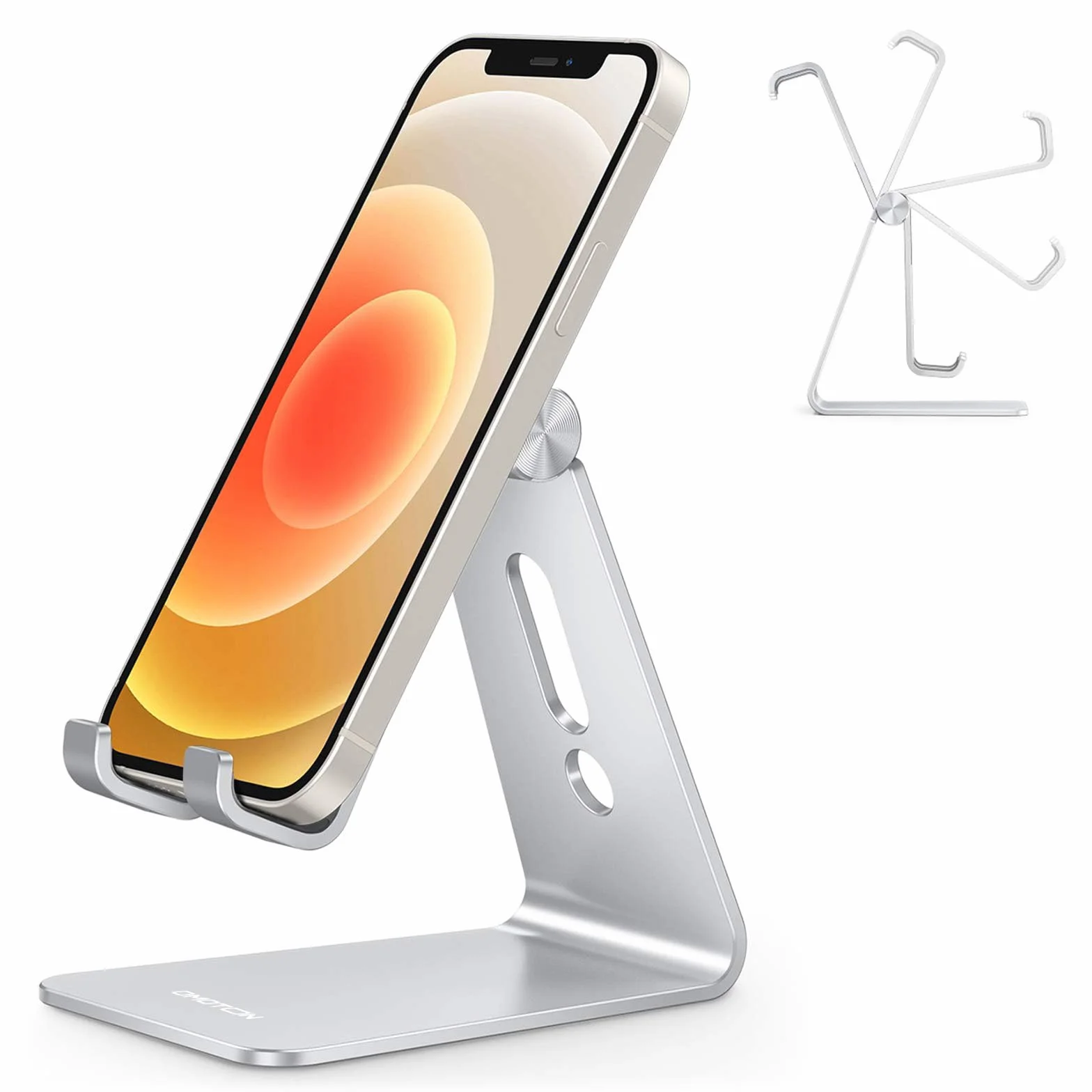 OMOTON, Support Téléphone Bureau Multi-Angles Réglable, Support Téléphone Portable en Aluminium Compatible avec iPhone 13 Pro/13/12 Pro Max/12/11 Pro/XR, Samsung S20/S10/S9, Argenté