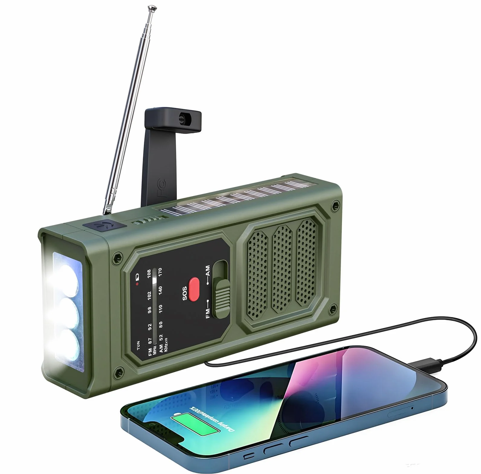 Radio Solaire d'Urgence AM/FM avec Lampe Torche LED, Alarme SOS, Recharge USB/Solaire/Manivelle, Batterie 2000mAh, Vert